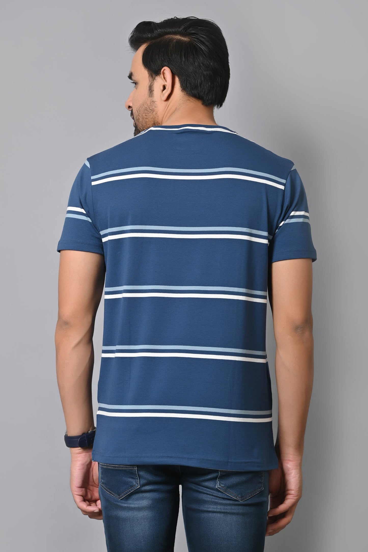 Arbour Men Round Neck Stripes Slim Fit Half Sleeves T-Shirt