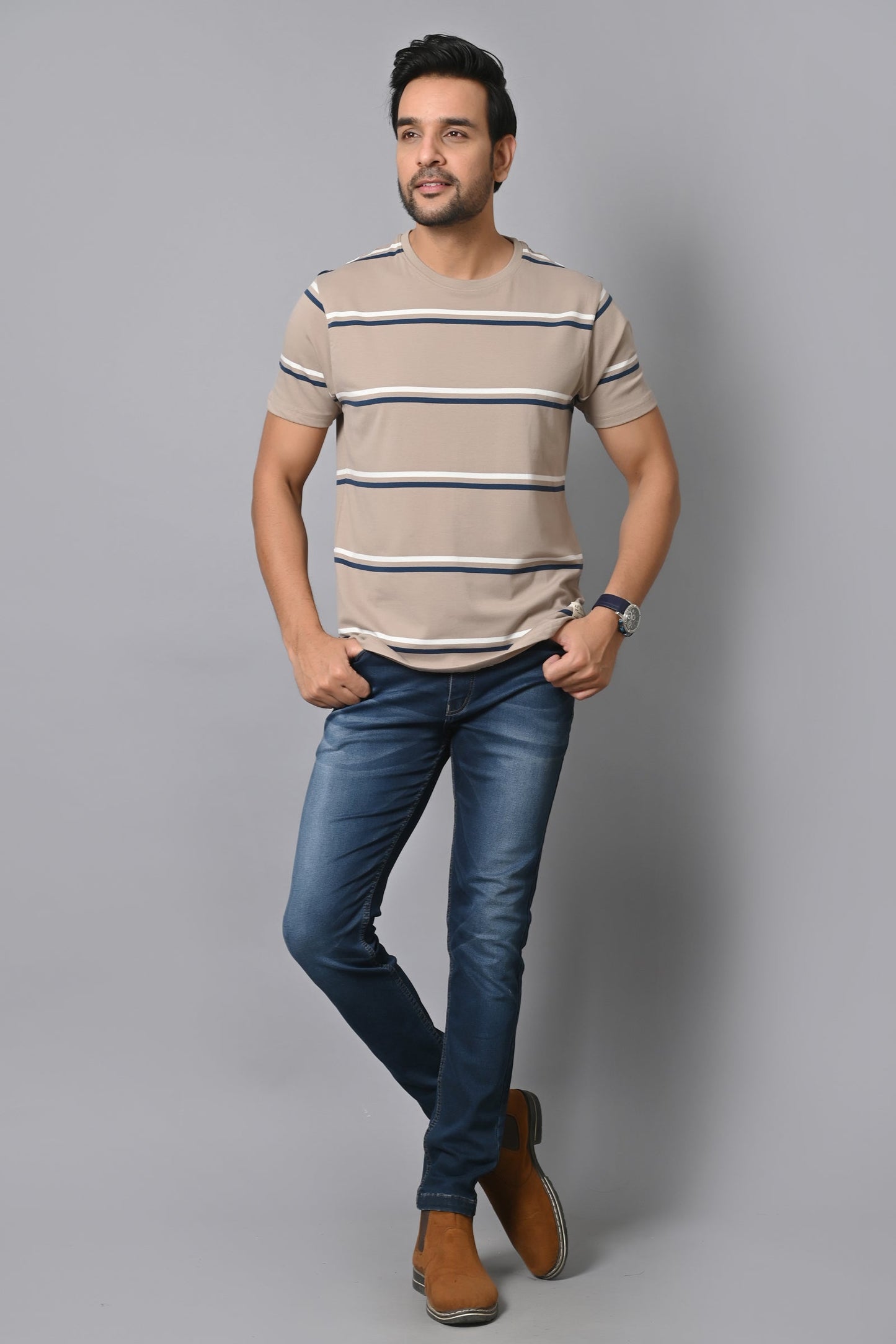 Arbour Men Round Neck Stripes Slim Fit Half Sleeves T-Shirt