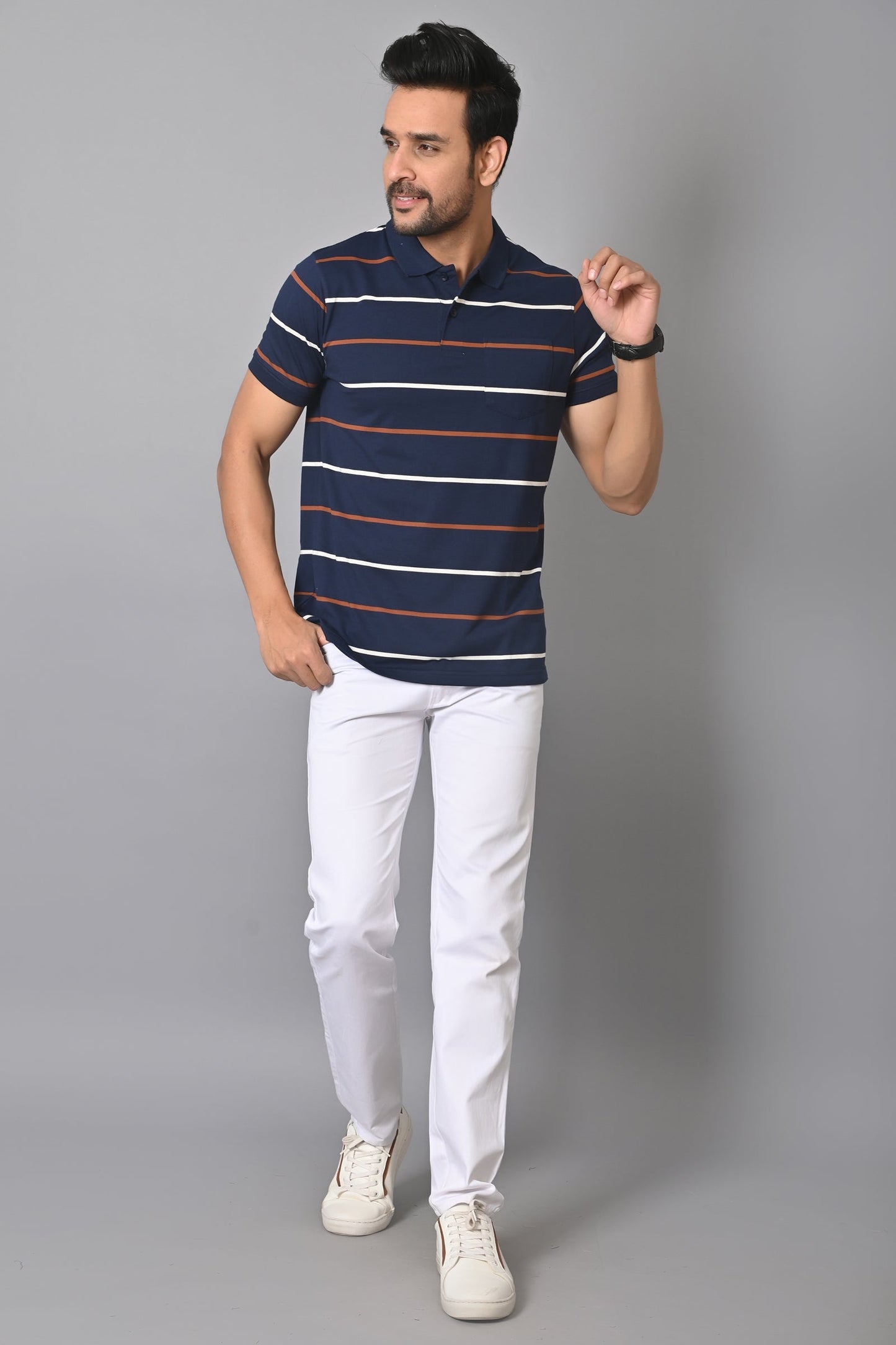 Arbour Men Polo Neck Stripes Pocket Half Sleeves T-Shirt