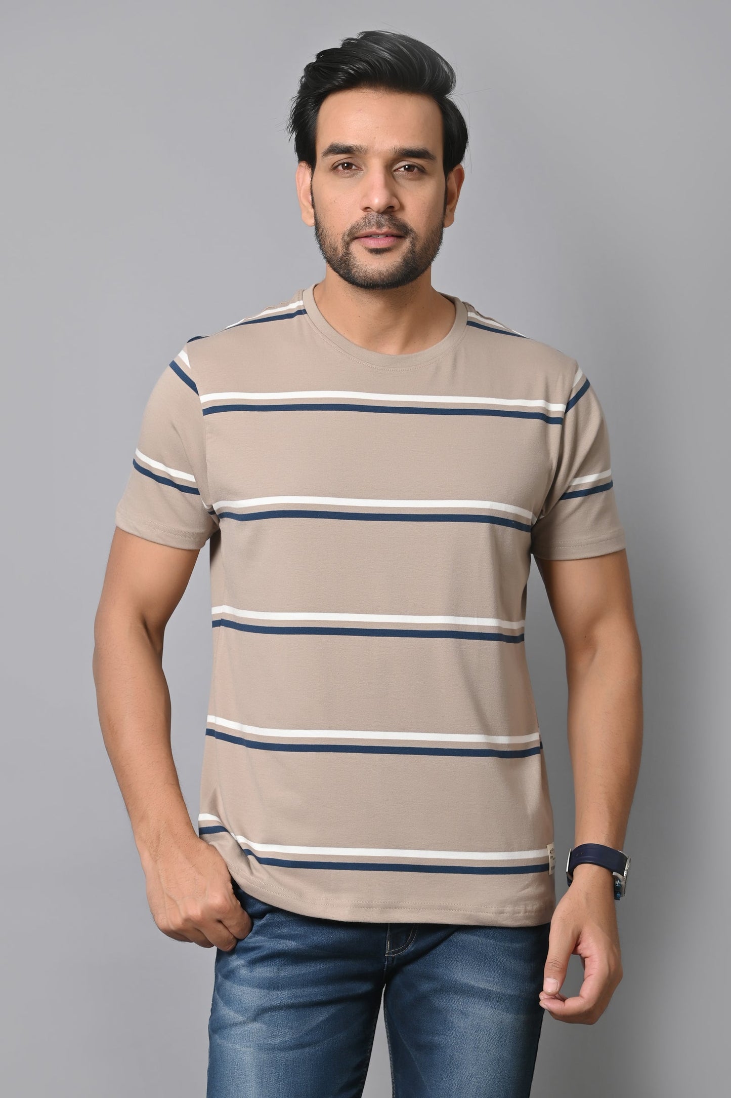 Arbour Men Round Neck Stripes Slim Fit Half Sleeves T-Shirt