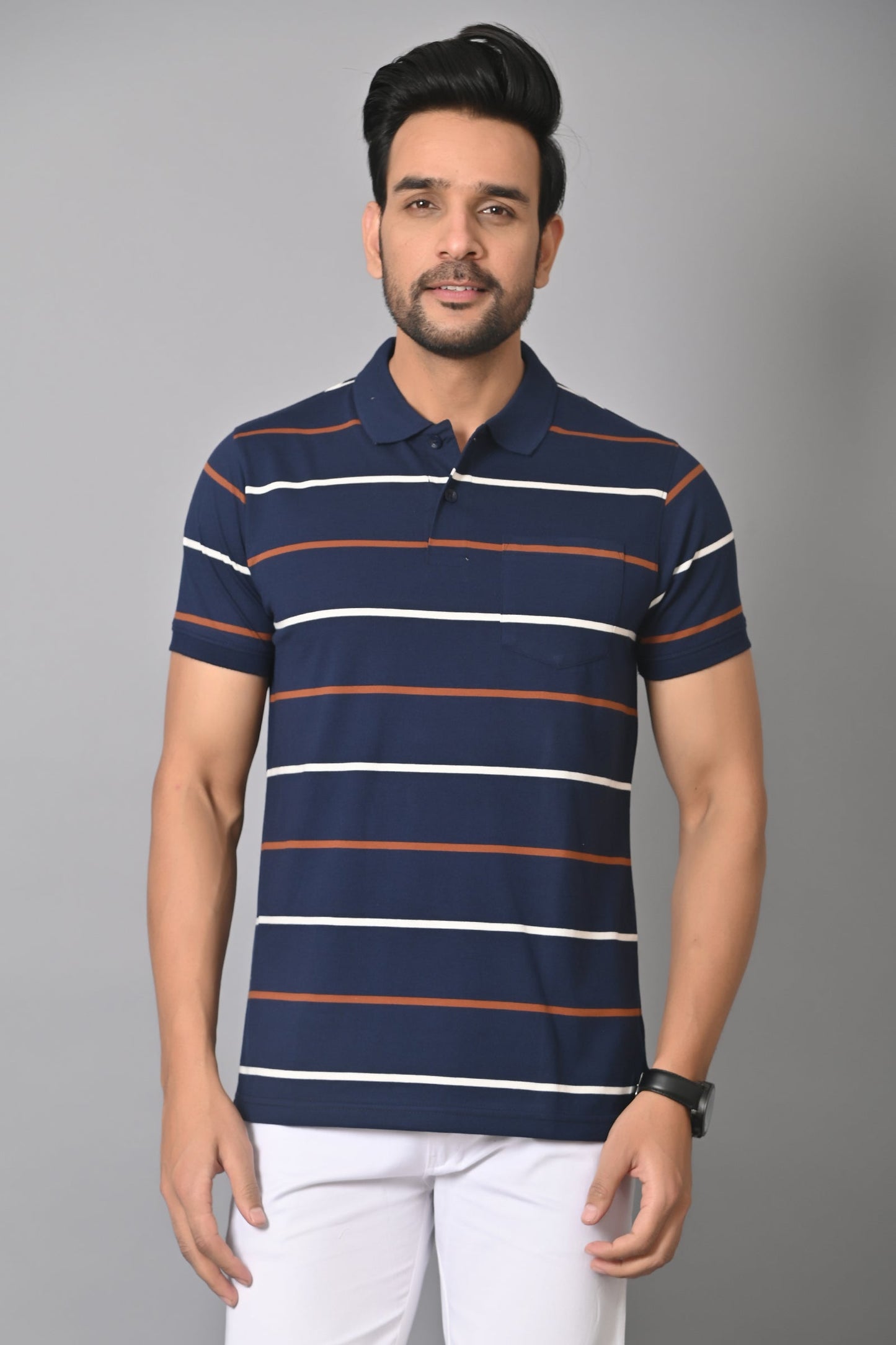 Arbour Men Polo Neck Stripes Pocket Half Sleeves T-Shirt