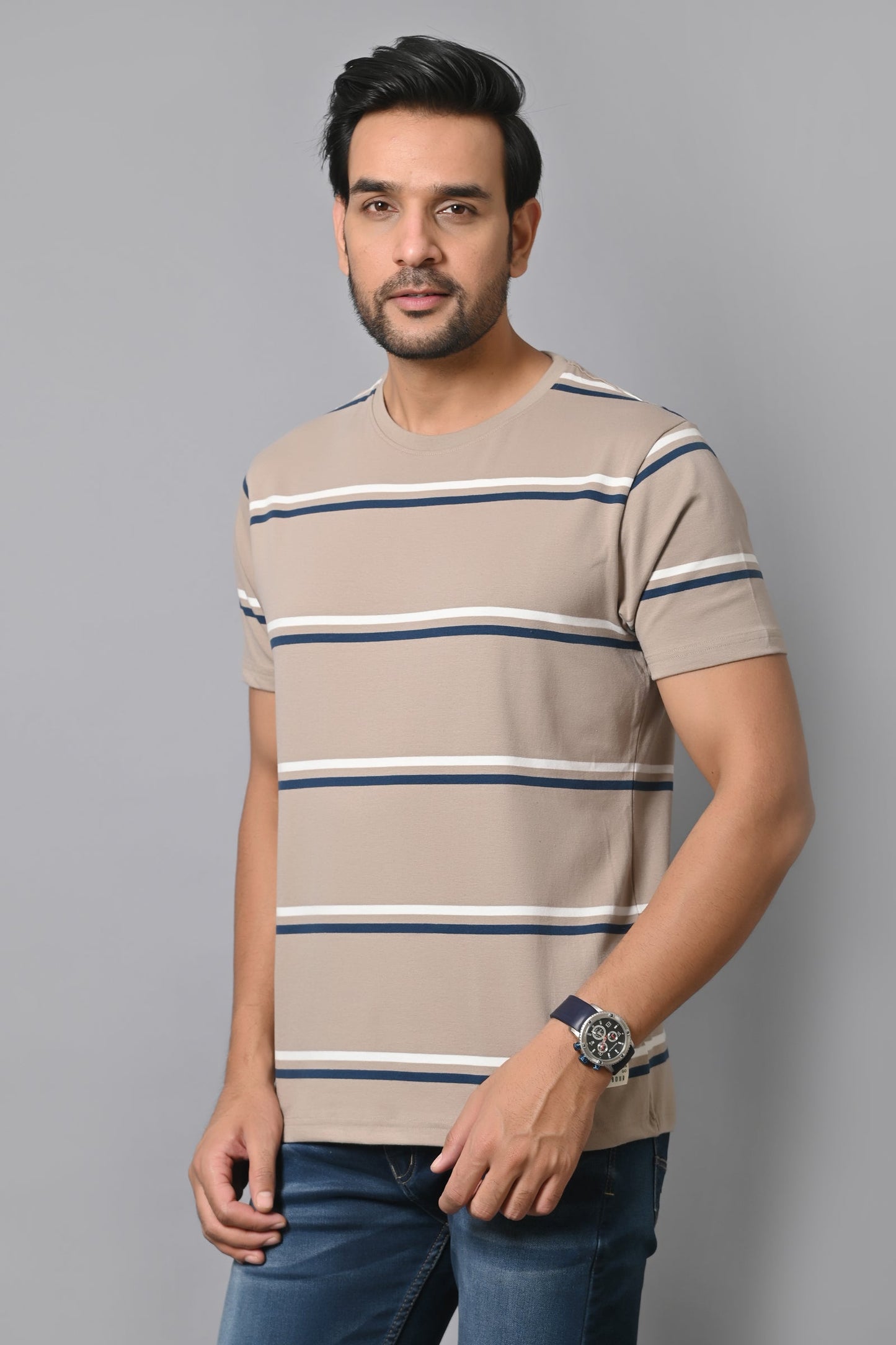 Arbour Men Round Neck Stripes Slim Fit Half Sleeves T-Shirt