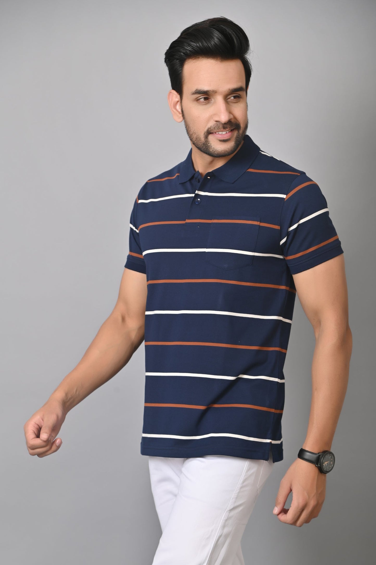 Arbour Men Polo Neck Stripes Pocket Half Sleeves T-Shirt