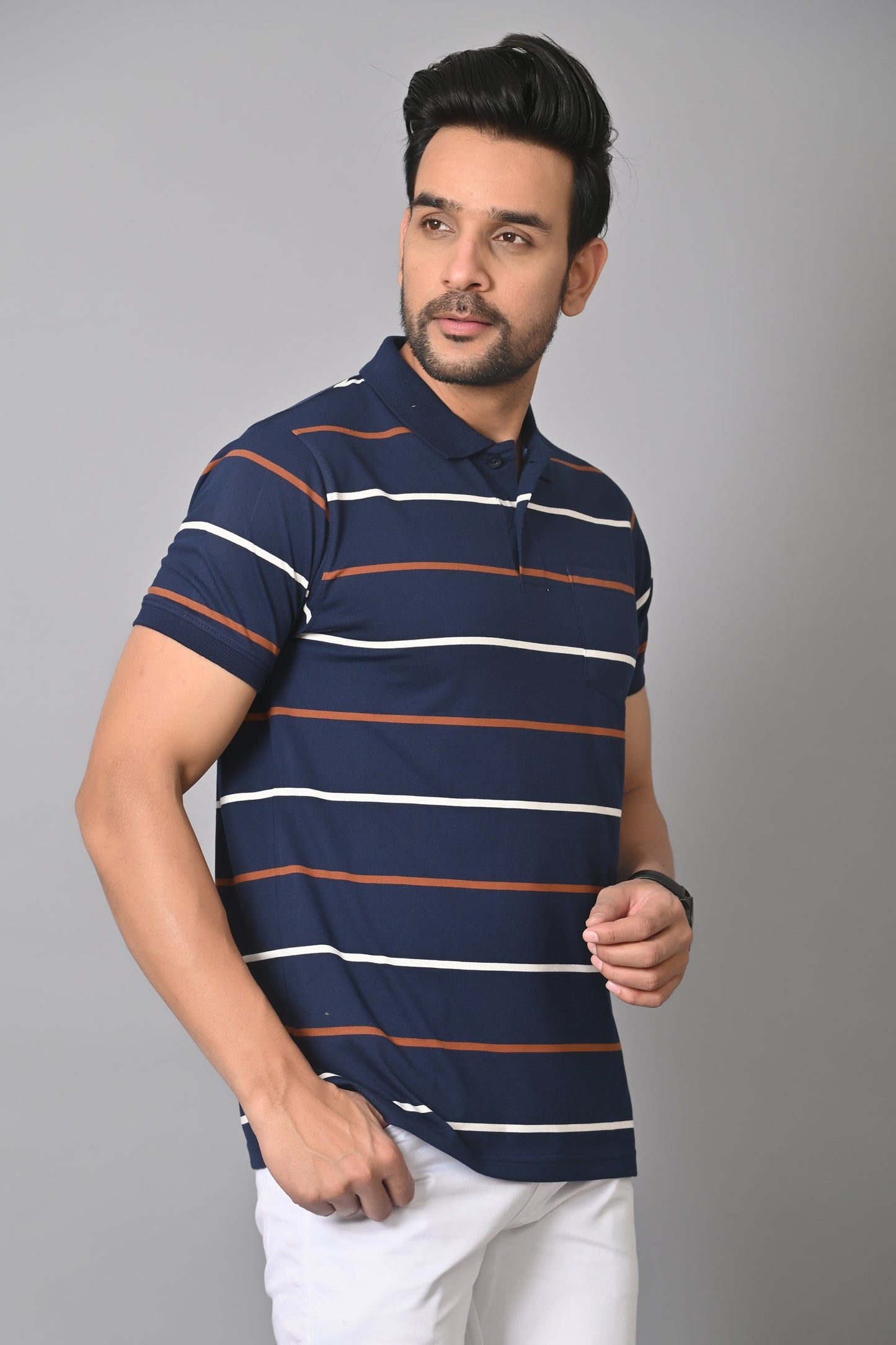 Arbour Men Polo Neck Stripes Pocket Half Sleeves T-Shirt