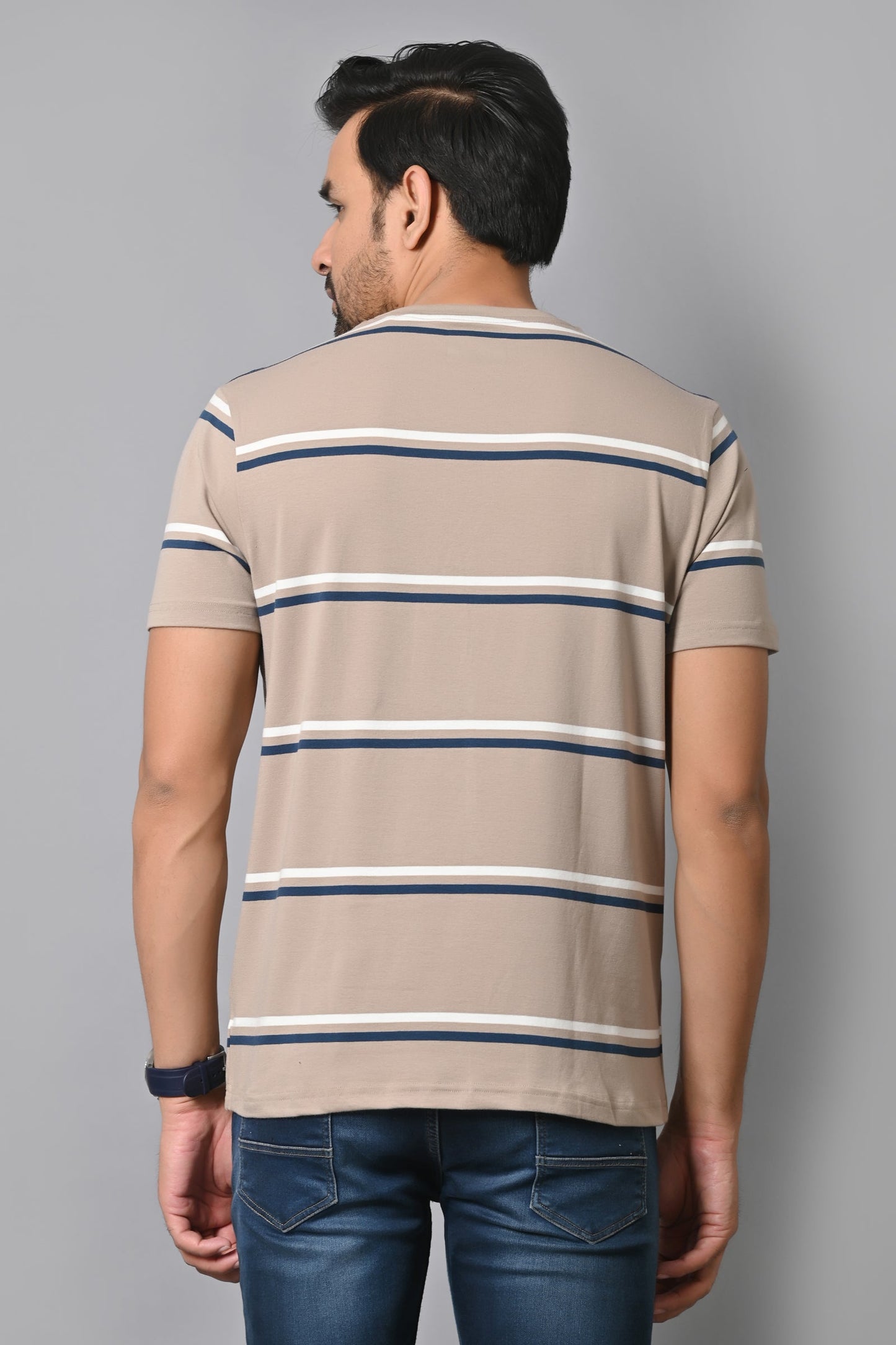 Arbour Men Round Neck Stripes Slim Fit Half Sleeves T-Shirt