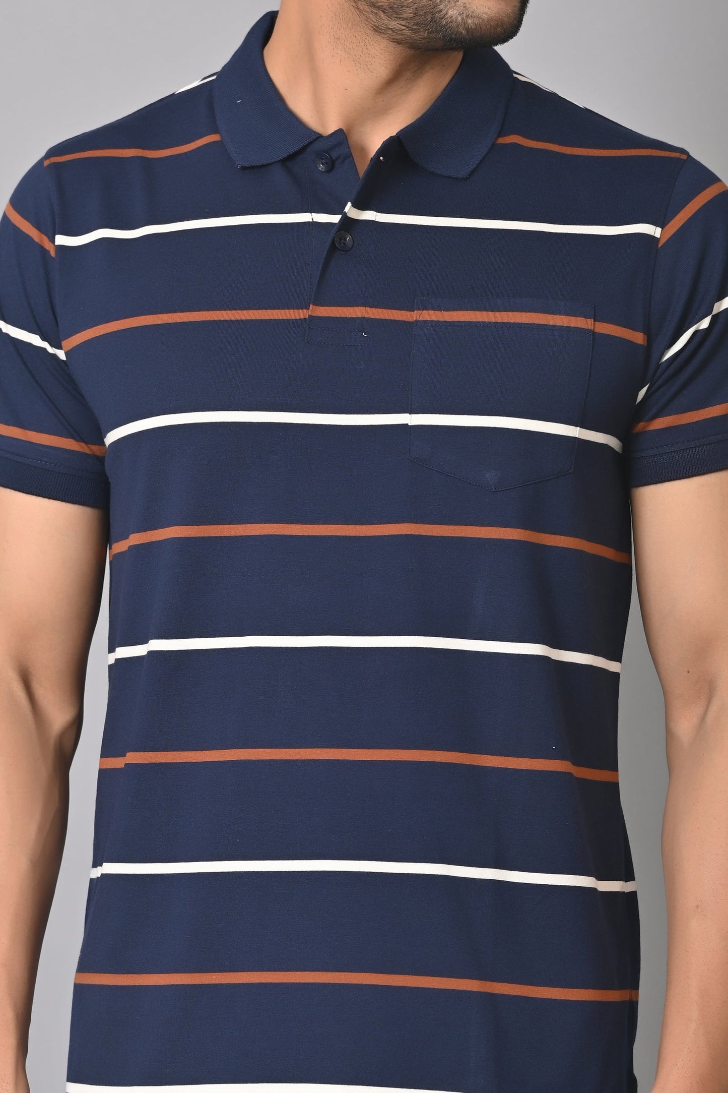 Arbour Men Polo Neck Stripes Pocket Half Sleeves T-Shirt