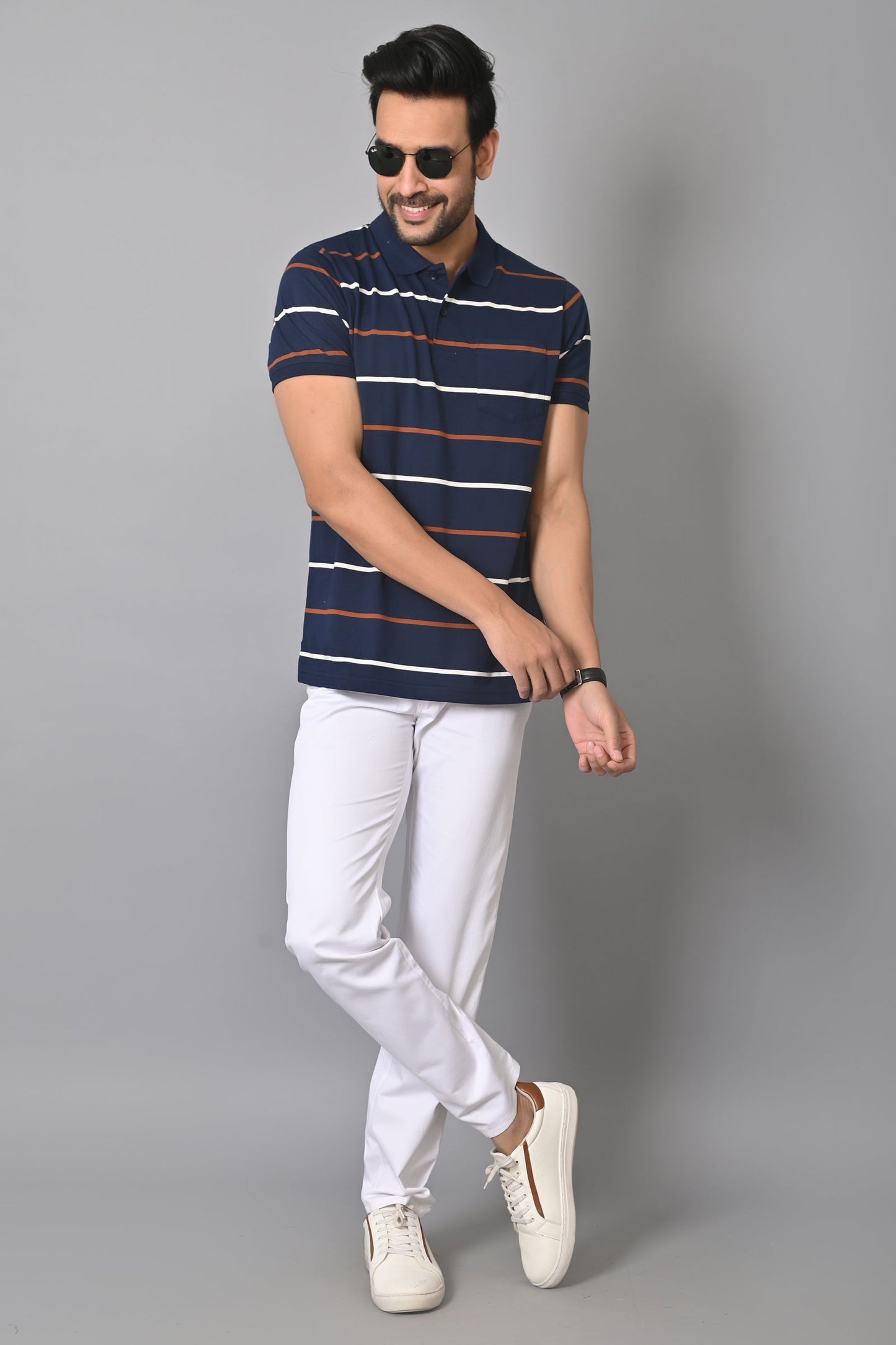 Arbour Men Polo Neck Stripes Pocket Half Sleeves T-Shirt