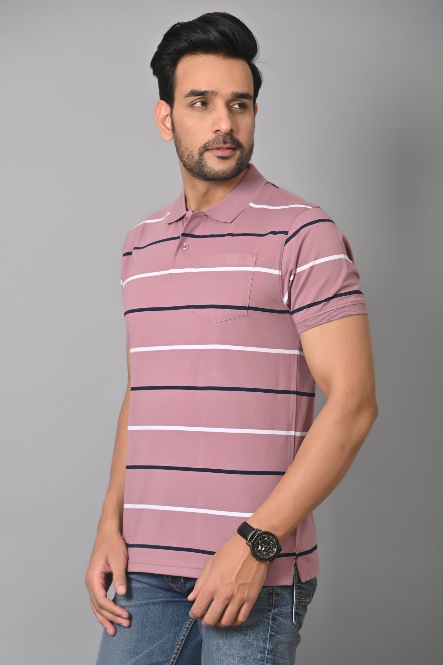 Arbour Men Polo Neck Stripes Pocket Half Sleeves T-Shirt