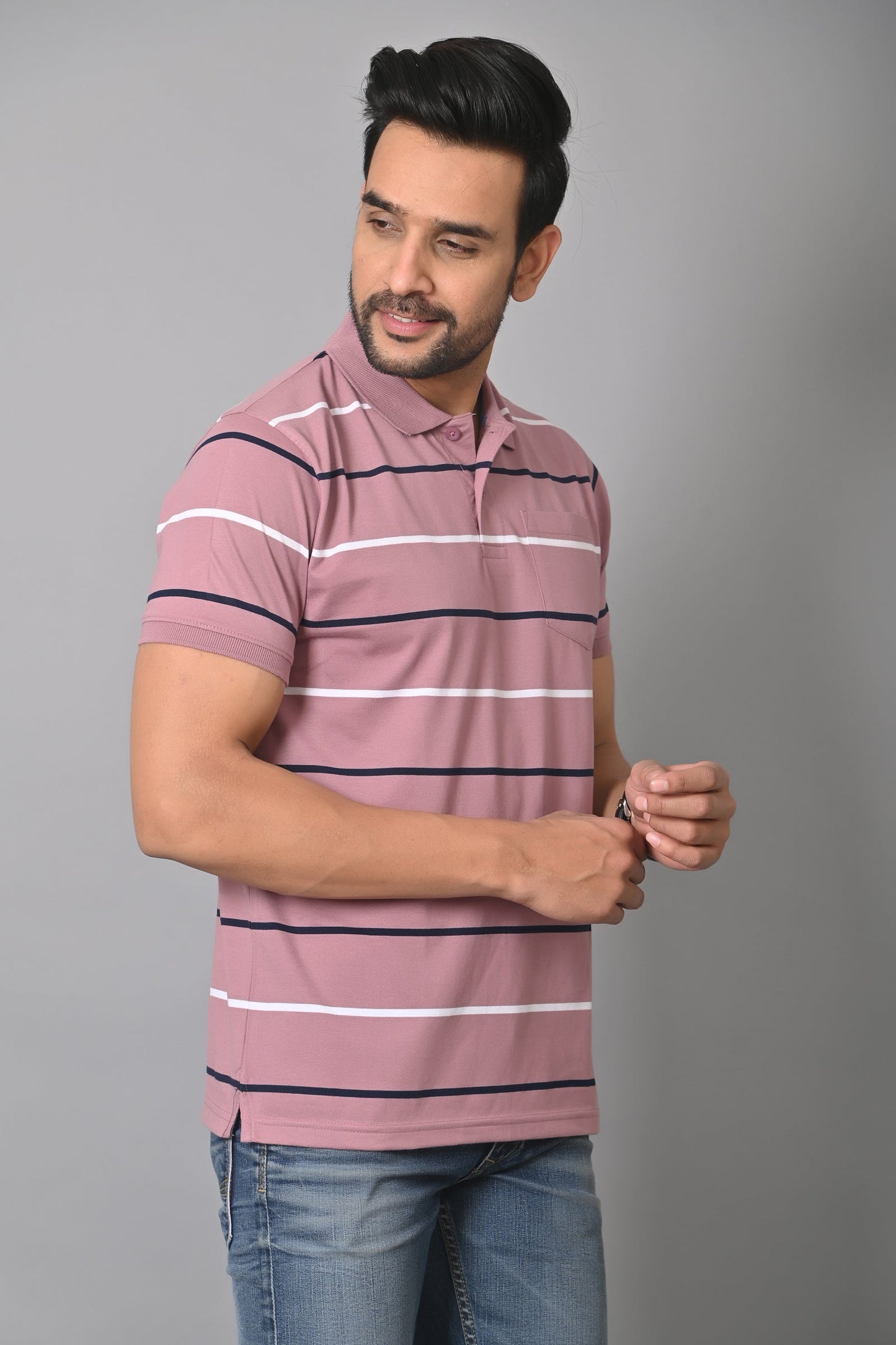 Arbour Men Polo Neck Stripes Pocket Half Sleeves T-Shirt