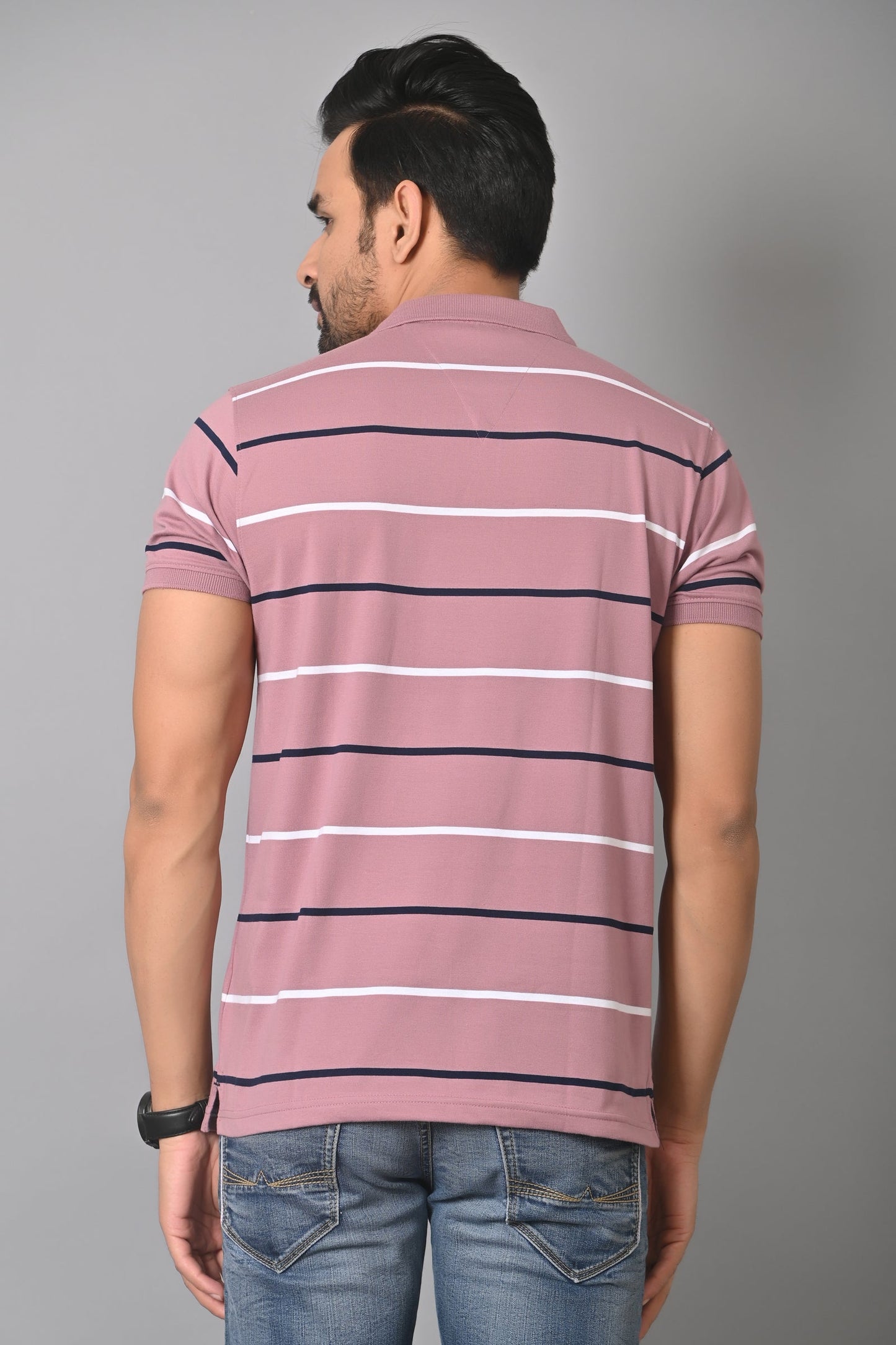 Arbour Men Polo Neck Stripes Pocket Half Sleeves T-Shirt