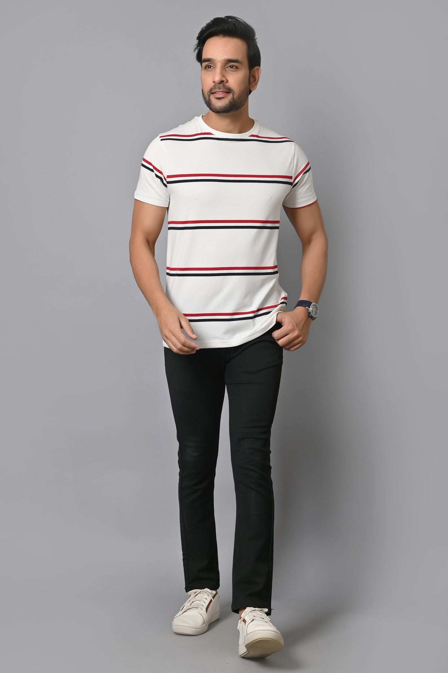 Arbour Men Round Neck Stripes Slim Fit Half Sleeves T-Shirt