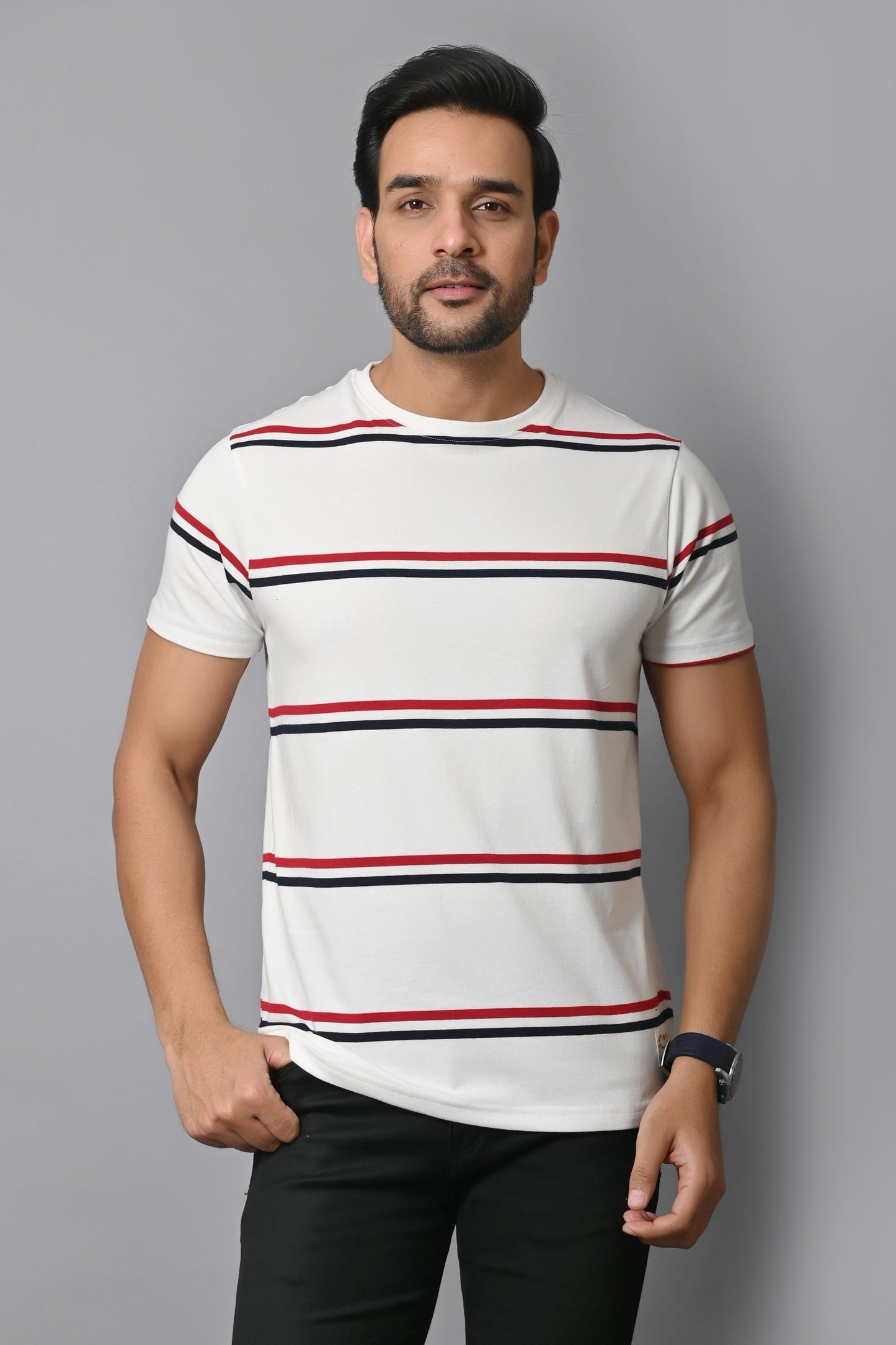 Arbour Men Round Neck Stripes Slim Fit Half Sleeves T-Shirt