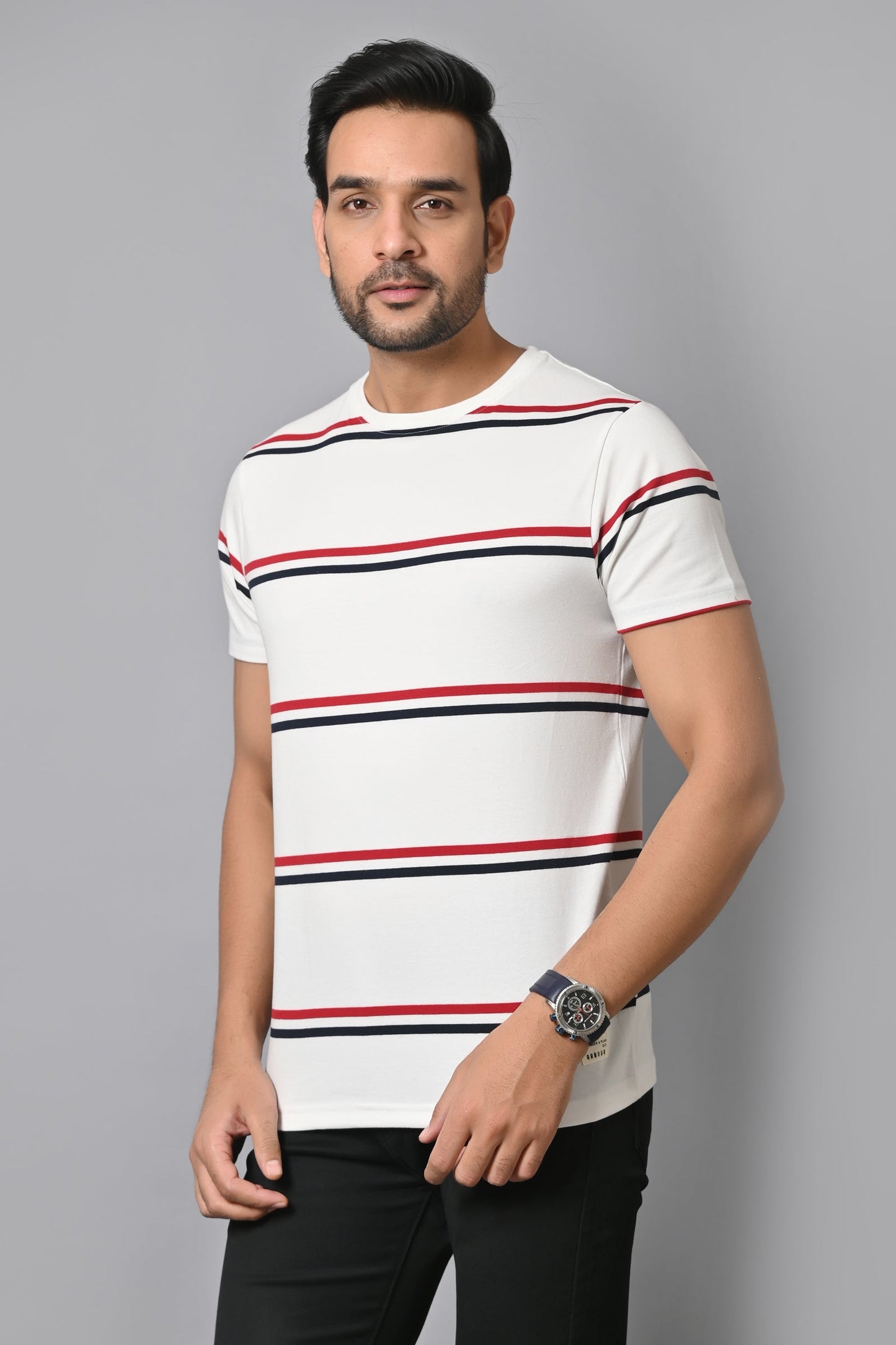 Arbour Men Round Neck Stripes Slim Fit Half Sleeves T-Shirt