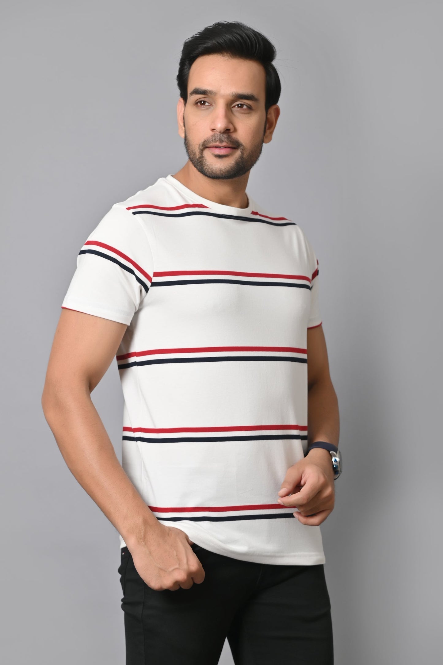 Arbour Men Round Neck Stripes Slim Fit Half Sleeves T-Shirt