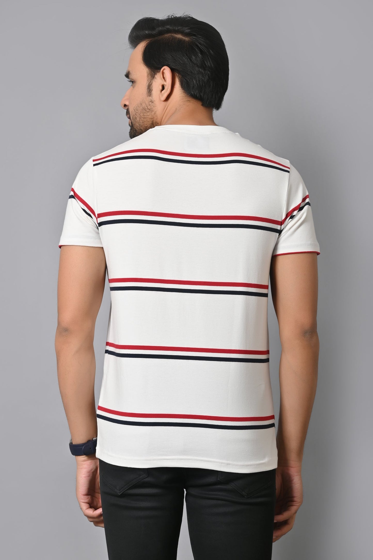 Arbour Men Round Neck Stripes Slim Fit Half Sleeves T-Shirt