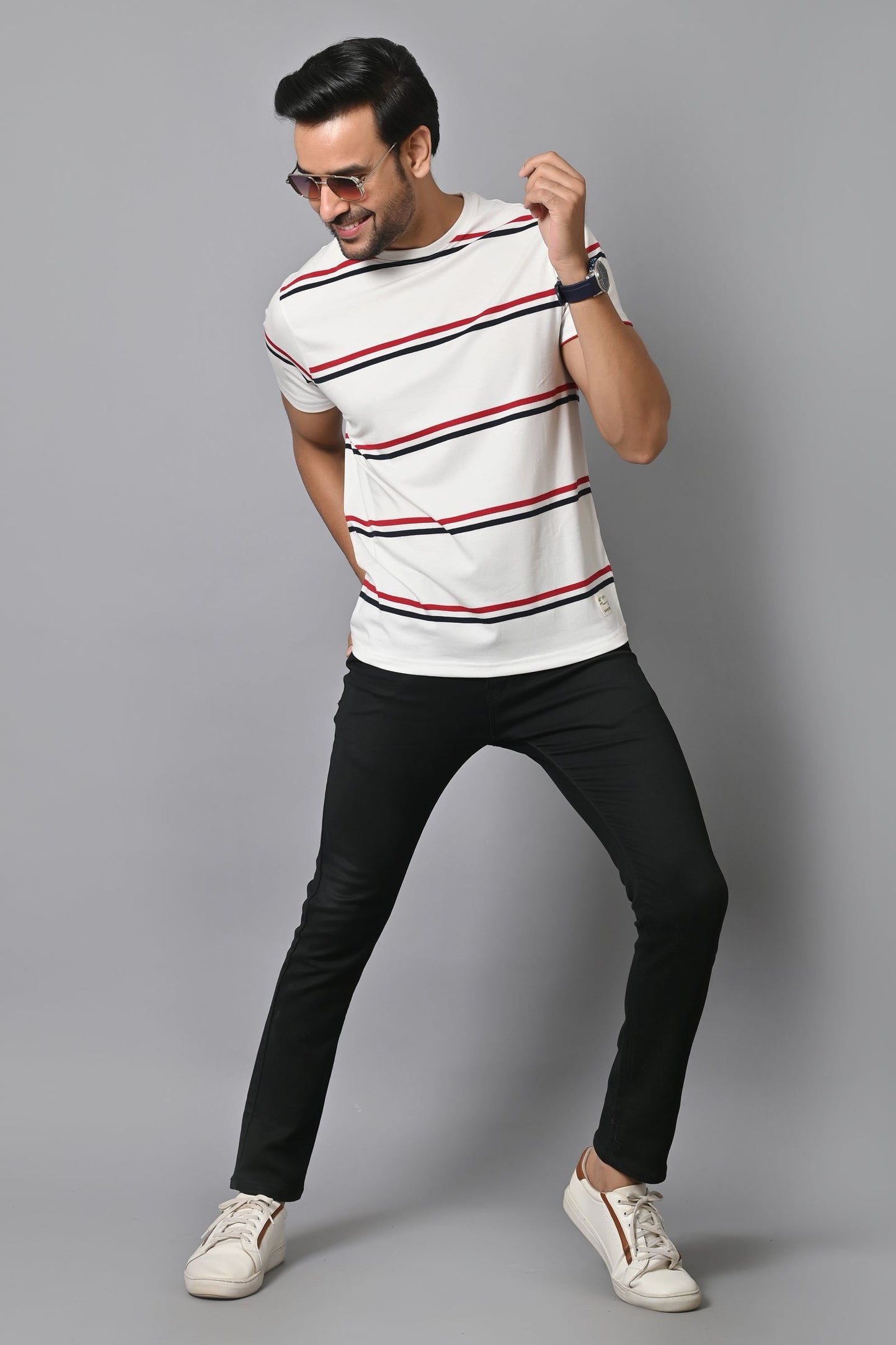 Arbour Men Round Neck Stripes Slim Fit Half Sleeves T-Shirt