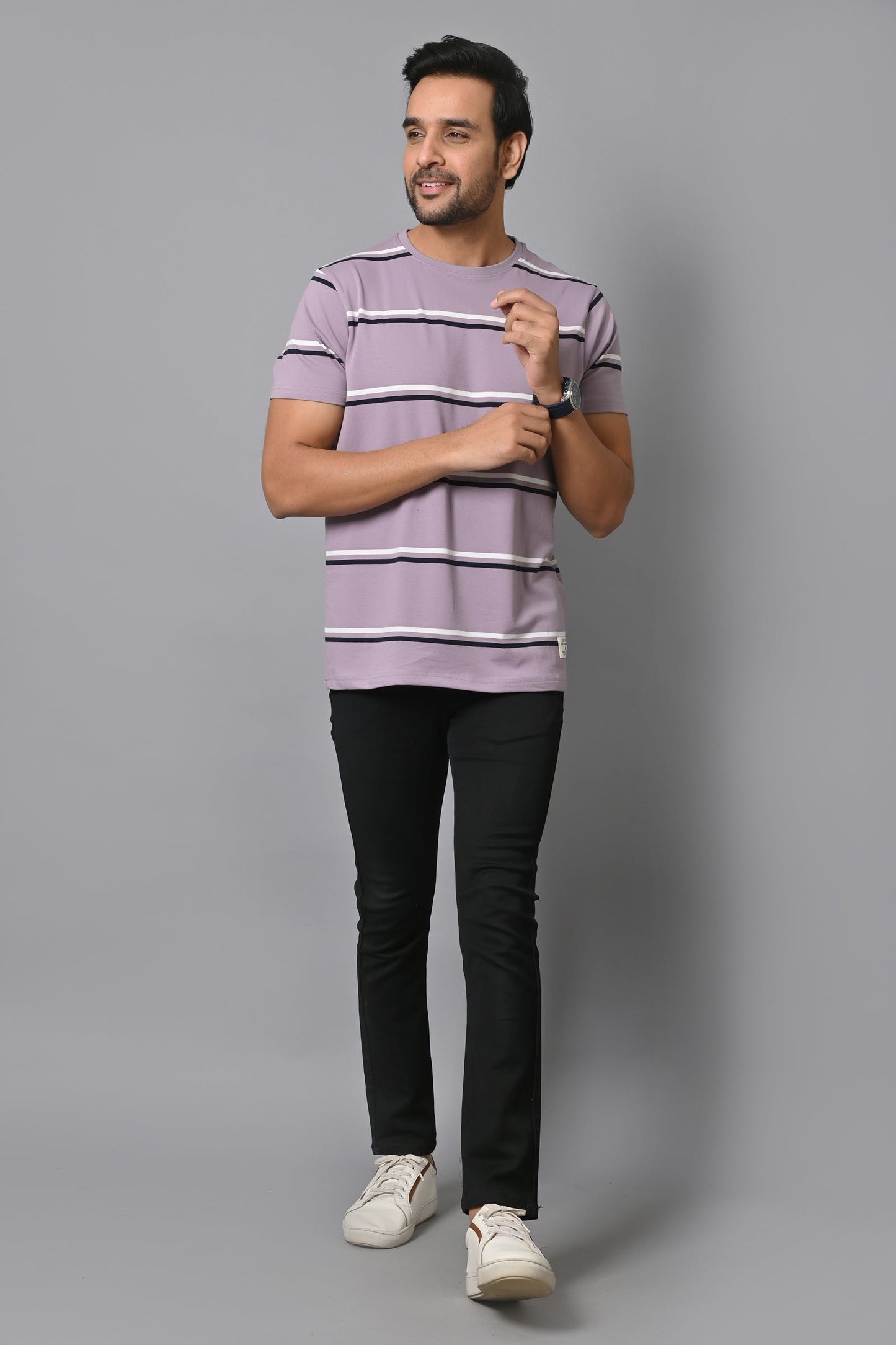 Arbour Men Round Neck Stripes Slim Fit Half Sleeves T-Shirt