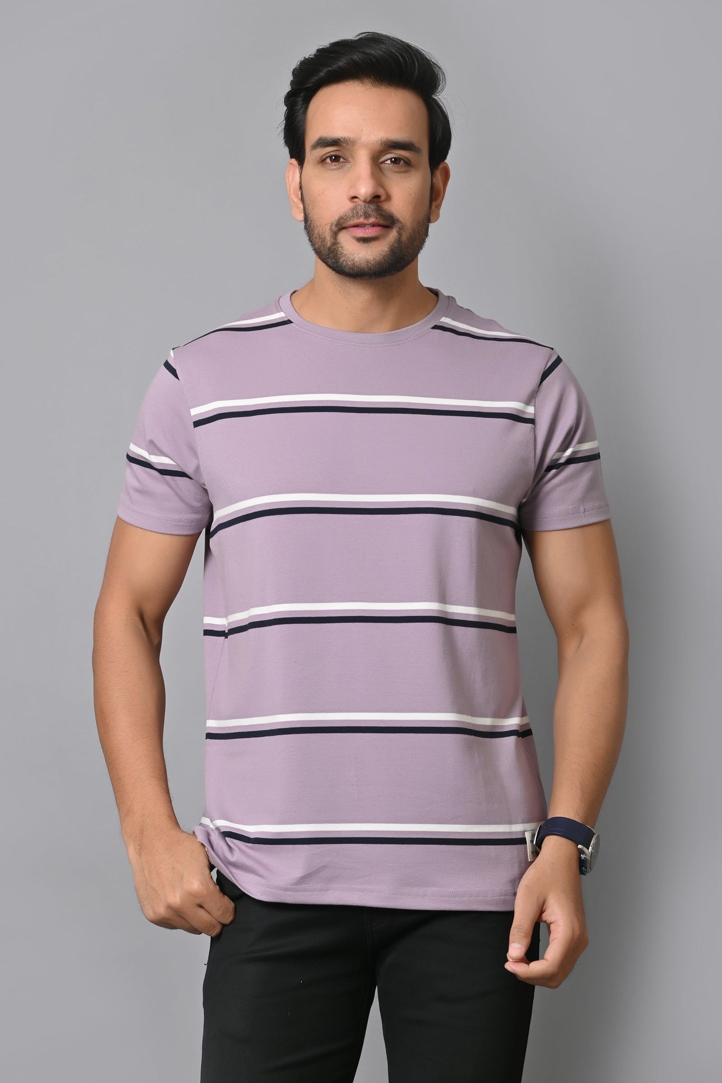 Arbour Men Round Neck Stripes Slim Fit Half Sleeves T-Shirt