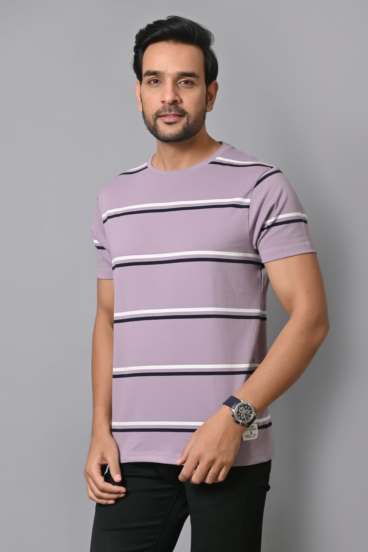 Arbour Men Round Neck Stripes Slim Fit Half Sleeves T-Shirt