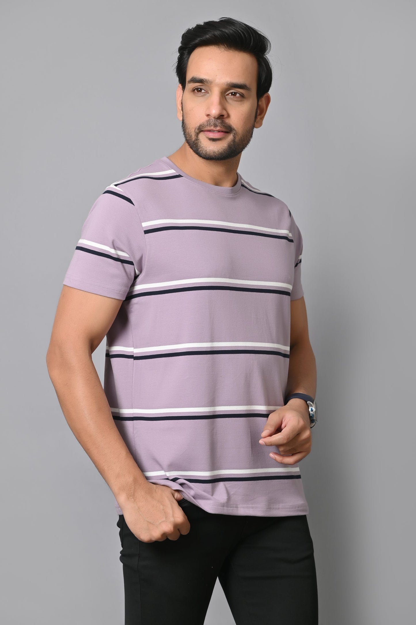 Arbour Men Round Neck Stripes Slim Fit Half Sleeves T-Shirt