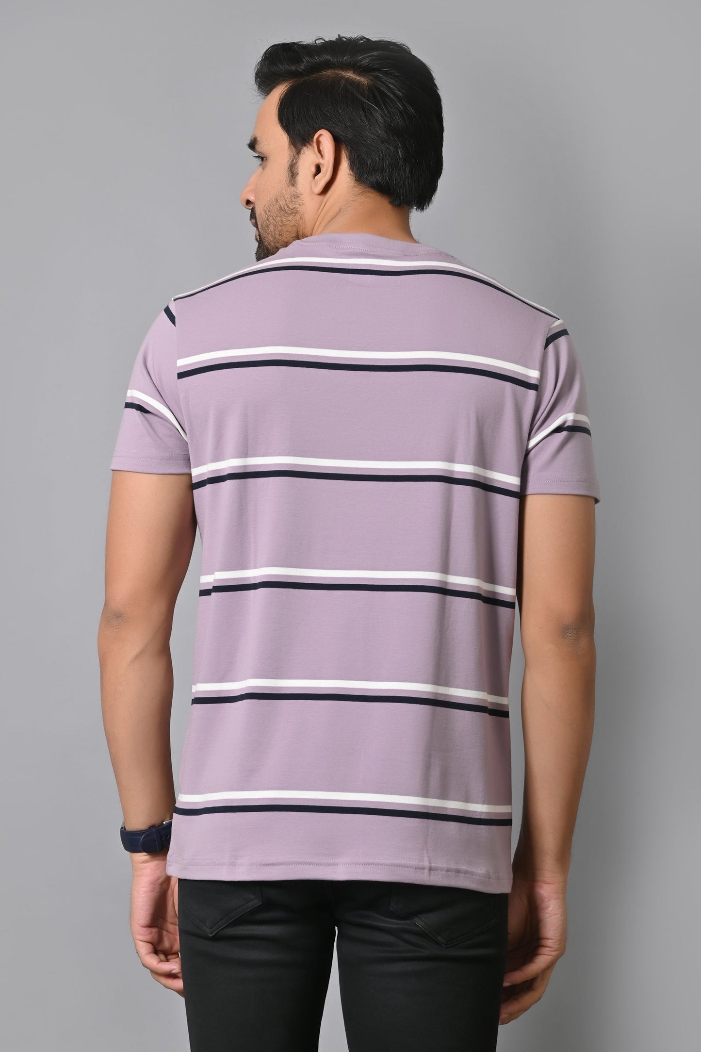 Arbour Men Round Neck Stripes Slim Fit Half Sleeves T-Shirt