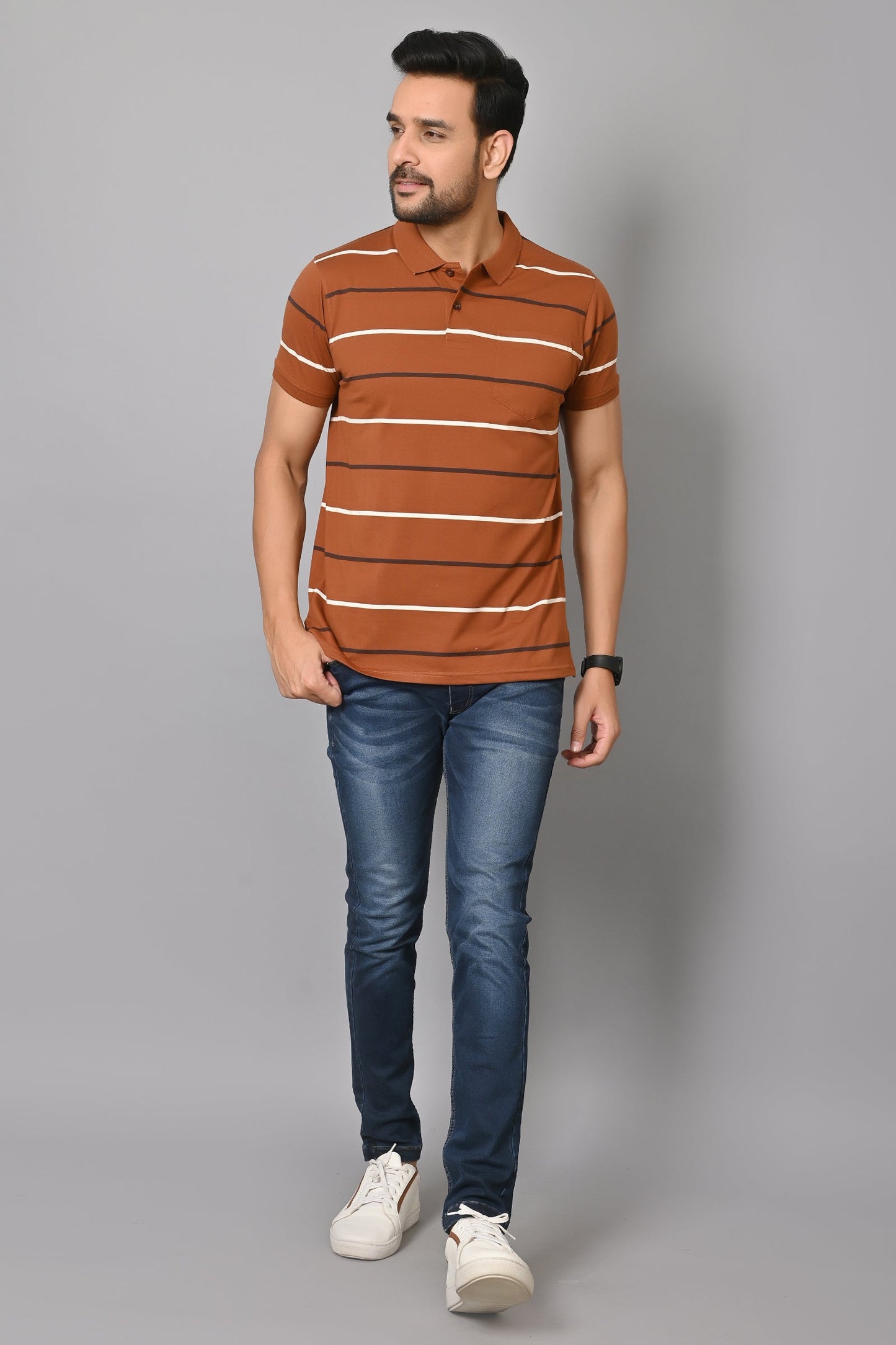 Arbour Men Polo Neck Stripes Pocket Half Sleeves T-Shirt