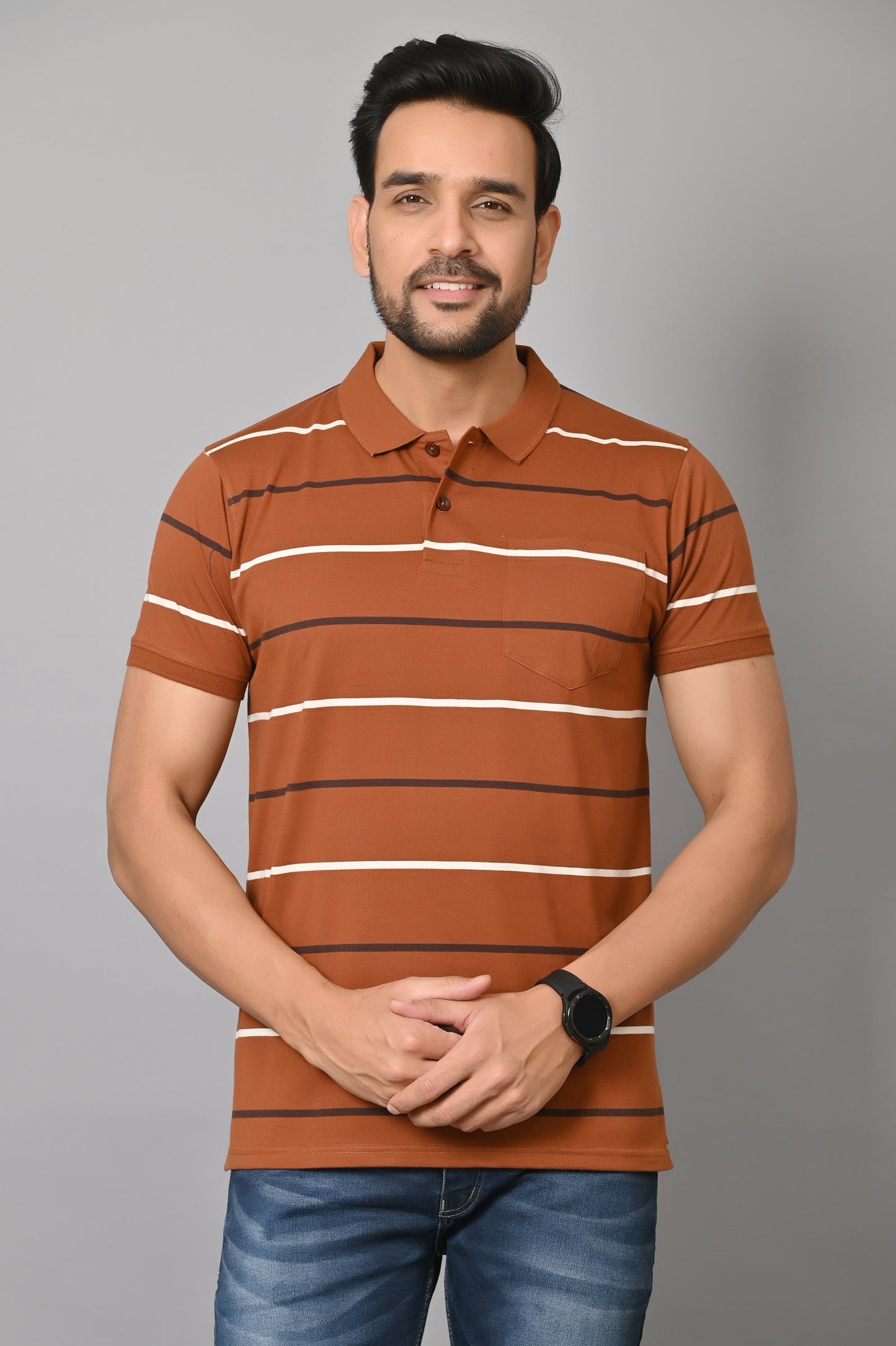 Arbour Men Polo Neck Stripes Pocket Half Sleeves T-Shirt