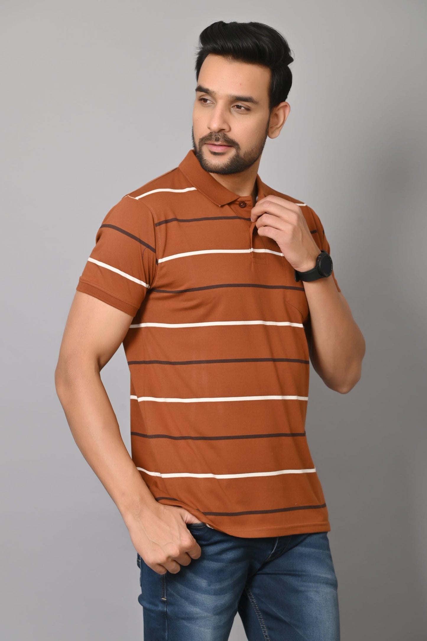 Arbour Men Polo Neck Stripes Pocket Half Sleeves T-Shirt