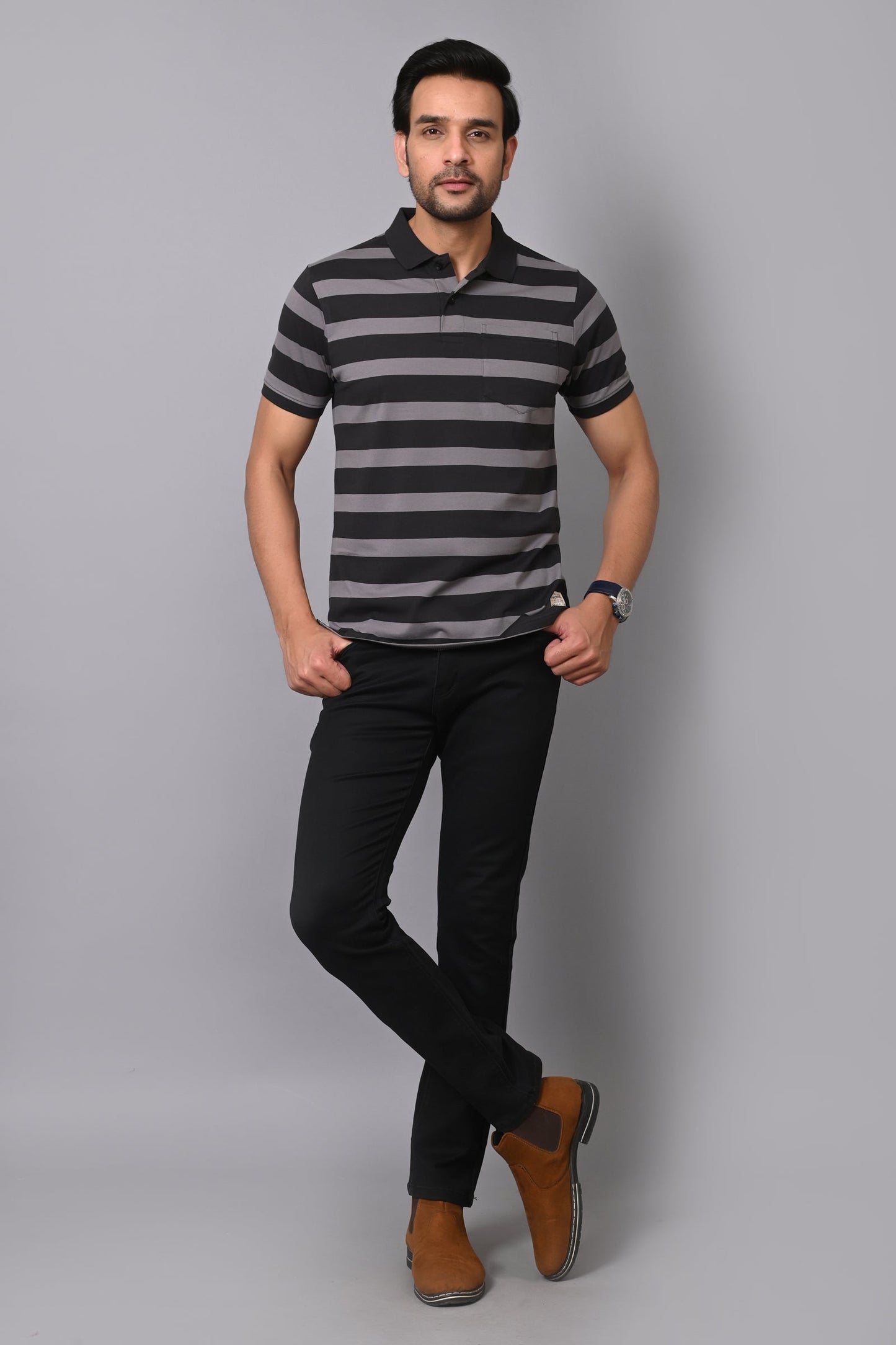 Arbour Men Polo Neck Casual Pocket Stripes T-Shirt