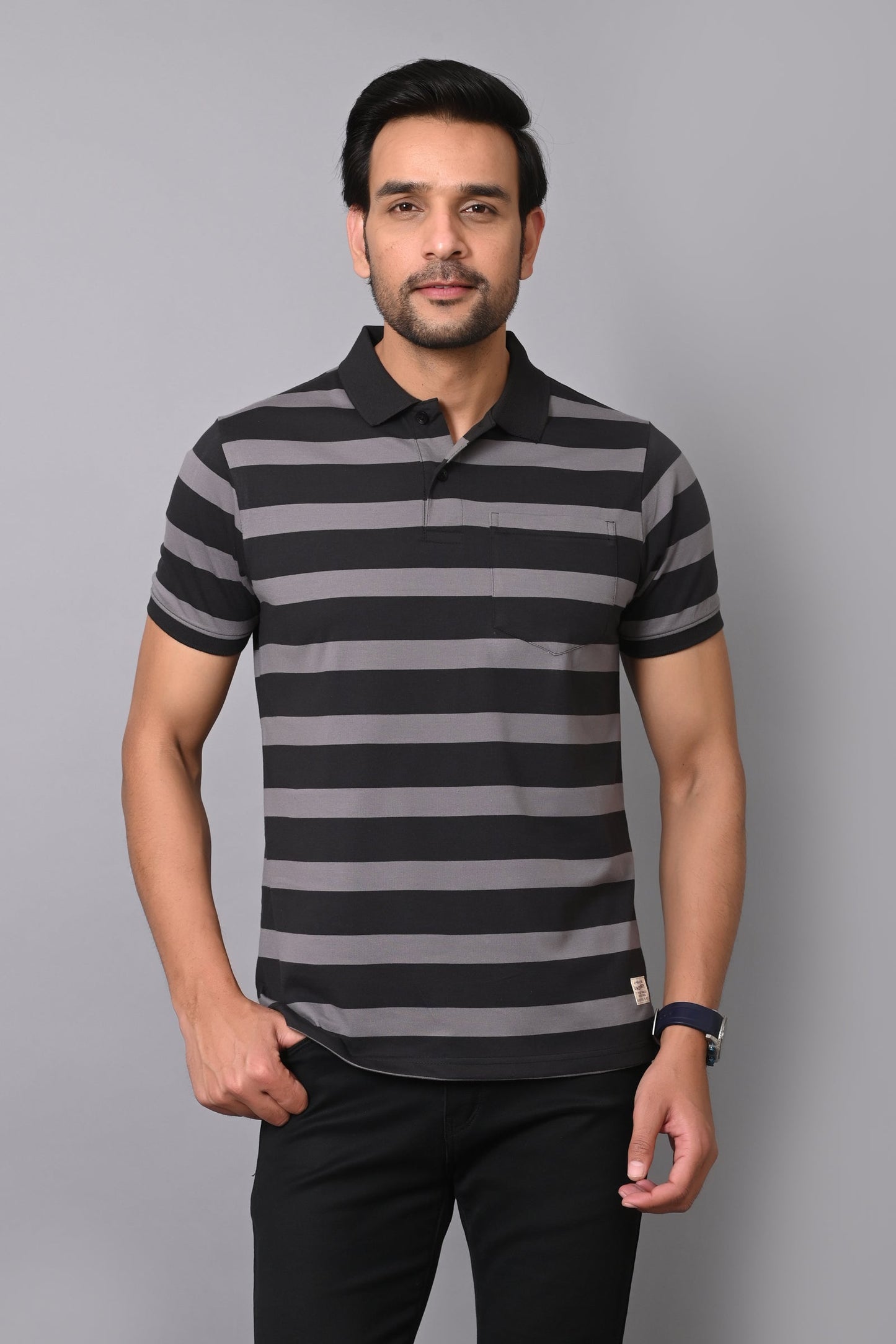 Arbour Men Polo Neck Casual Pocket Stripes T-Shirt