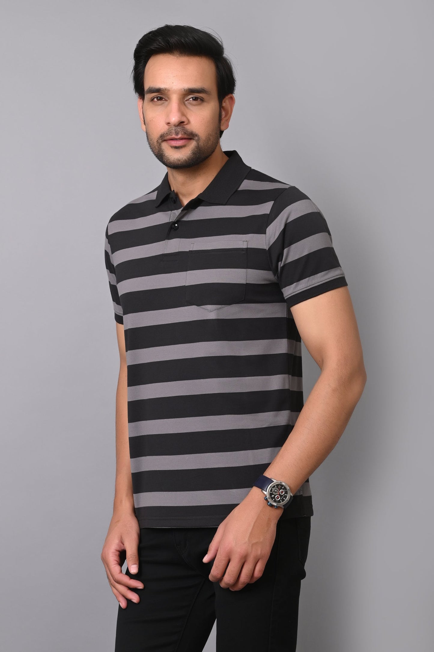 Arbour Men Polo Neck Casual Pocket Stripes T-Shirt