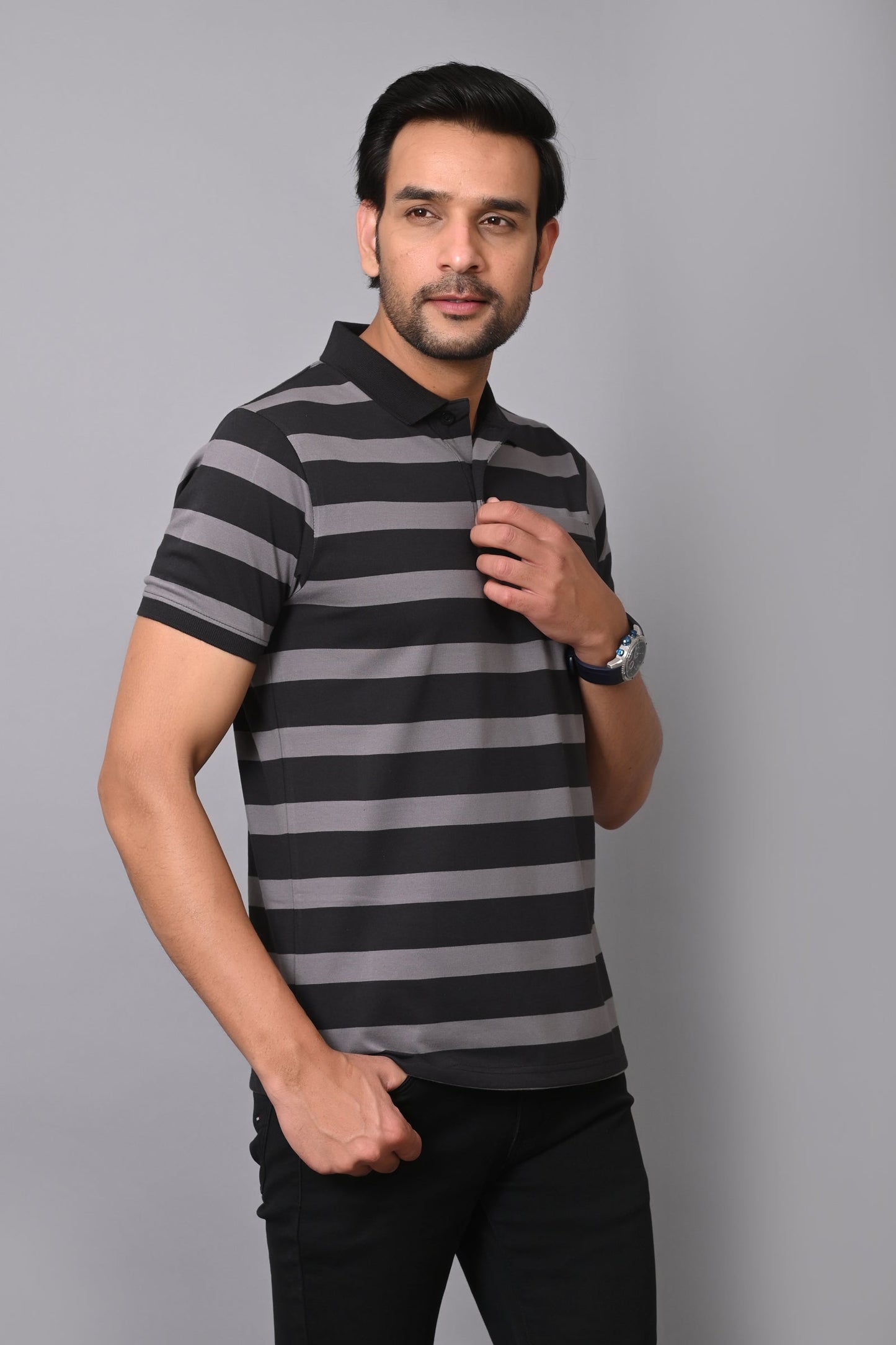 Arbour Men Polo Neck Casual Pocket Stripes T-Shirt