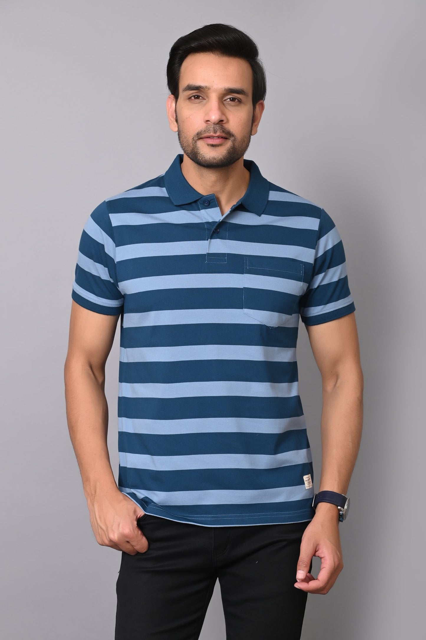 Arbour Men Polo Neck Casual Pocket Stripes T-Shirt