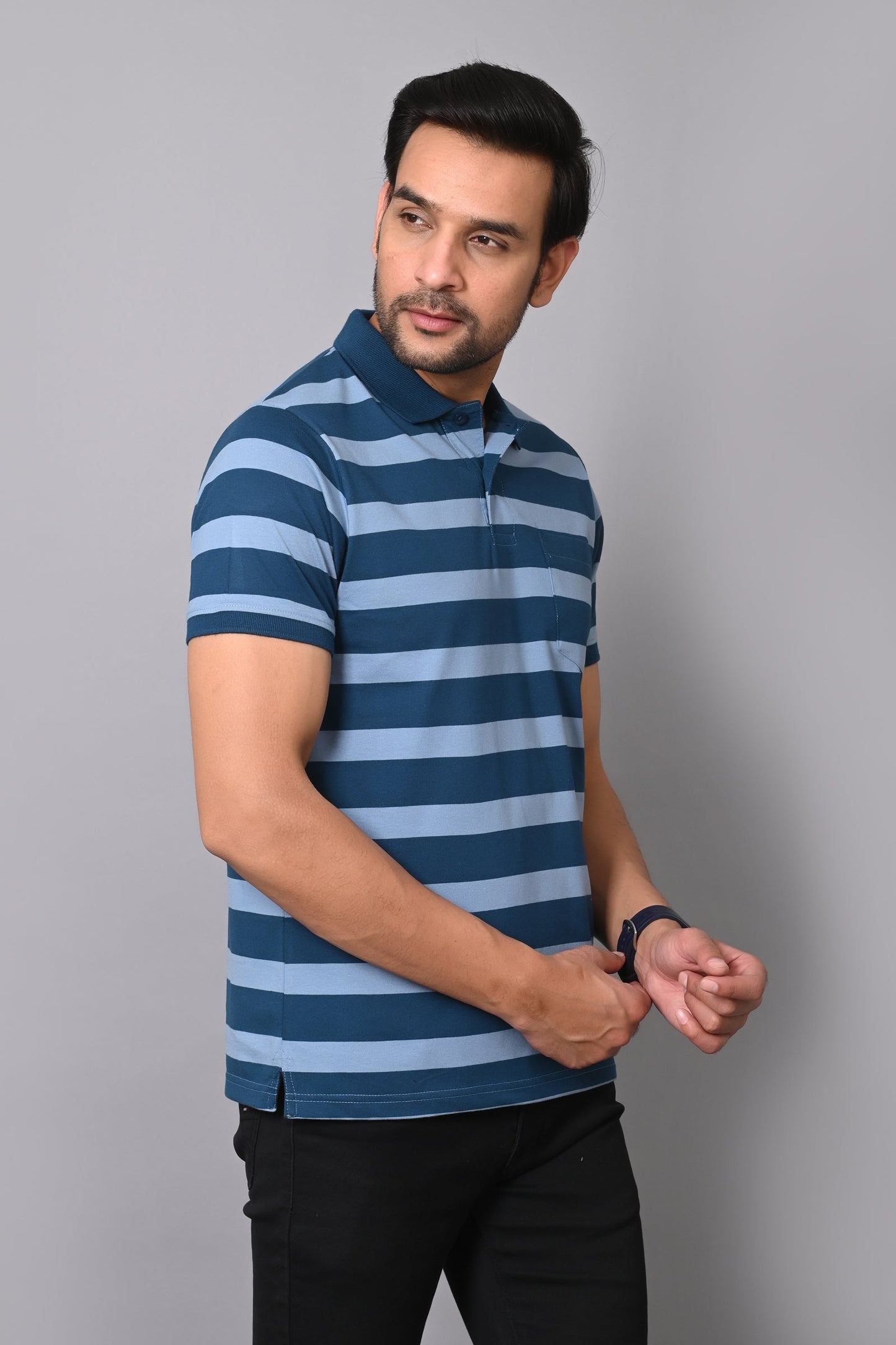 Arbour Men Polo Neck Casual Pocket Stripes T-Shirt