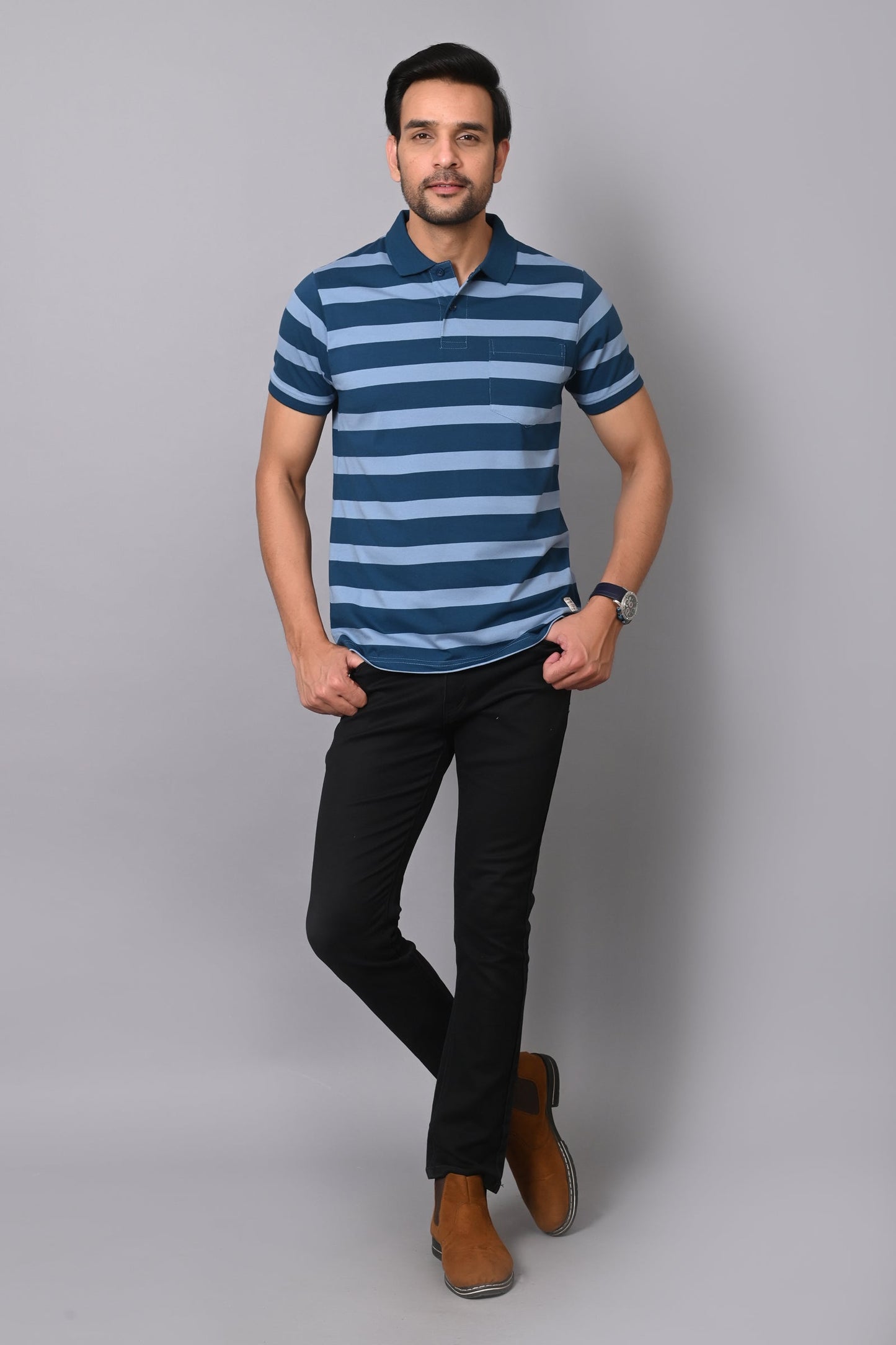 Arbour Men Polo Neck Casual Pocket Stripes T-Shirt