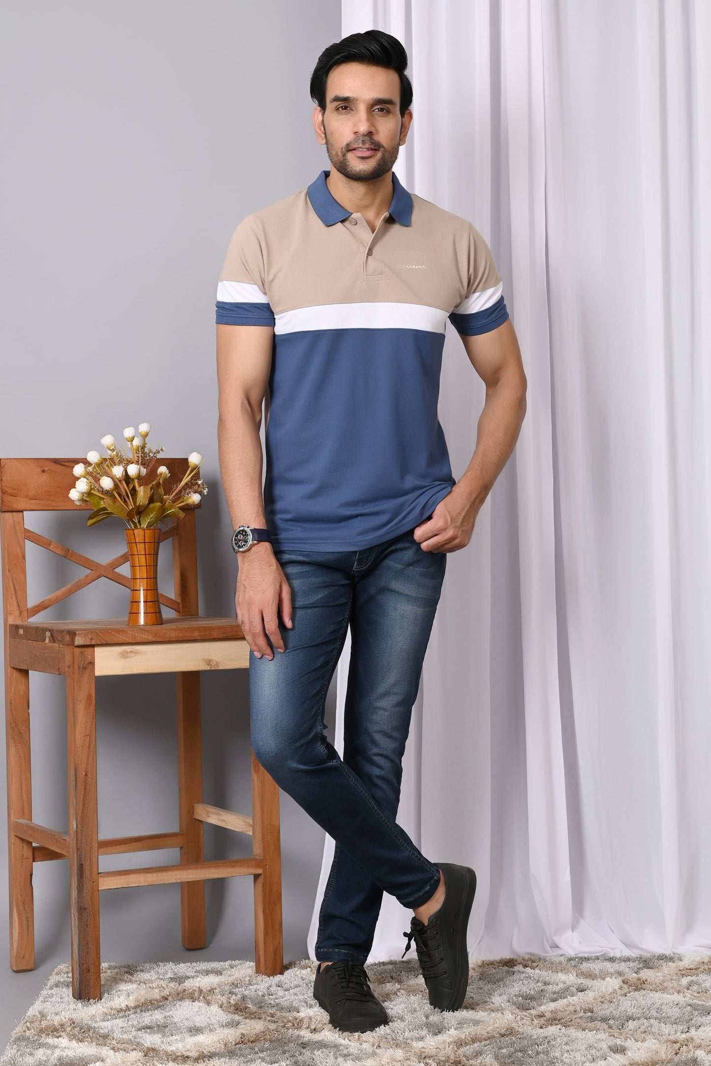 Arbour Men Polo Neck Color Block Half Sleeves T-Shirt