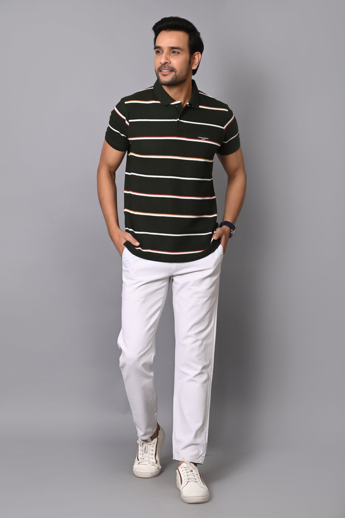 Arbour Men Polo Neck Cotton Stripes Casual Half Sleeves T-Shirt