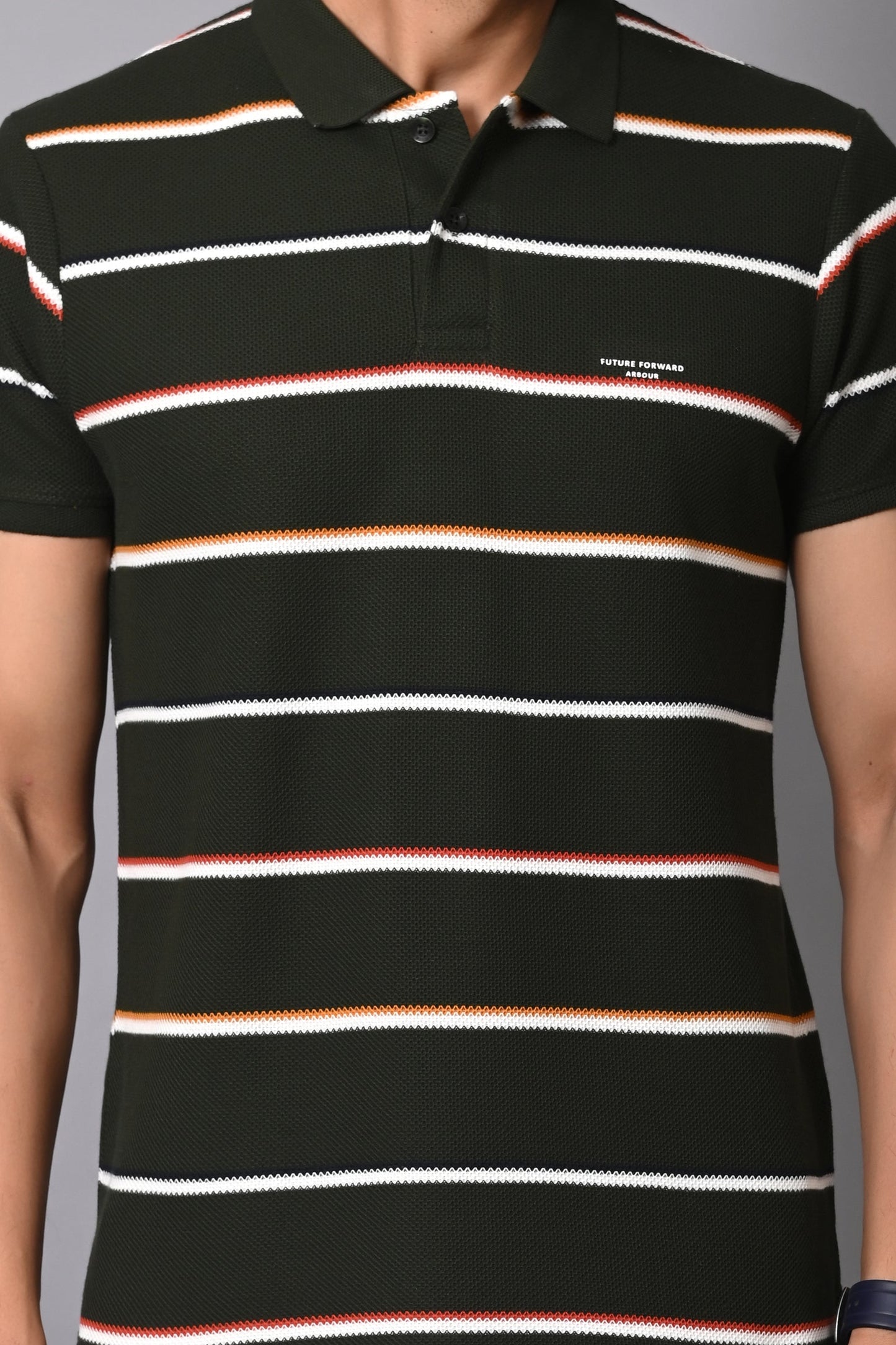 Arbour Men Polo Neck Cotton Stripes Casual Half Sleeves T-Shirt