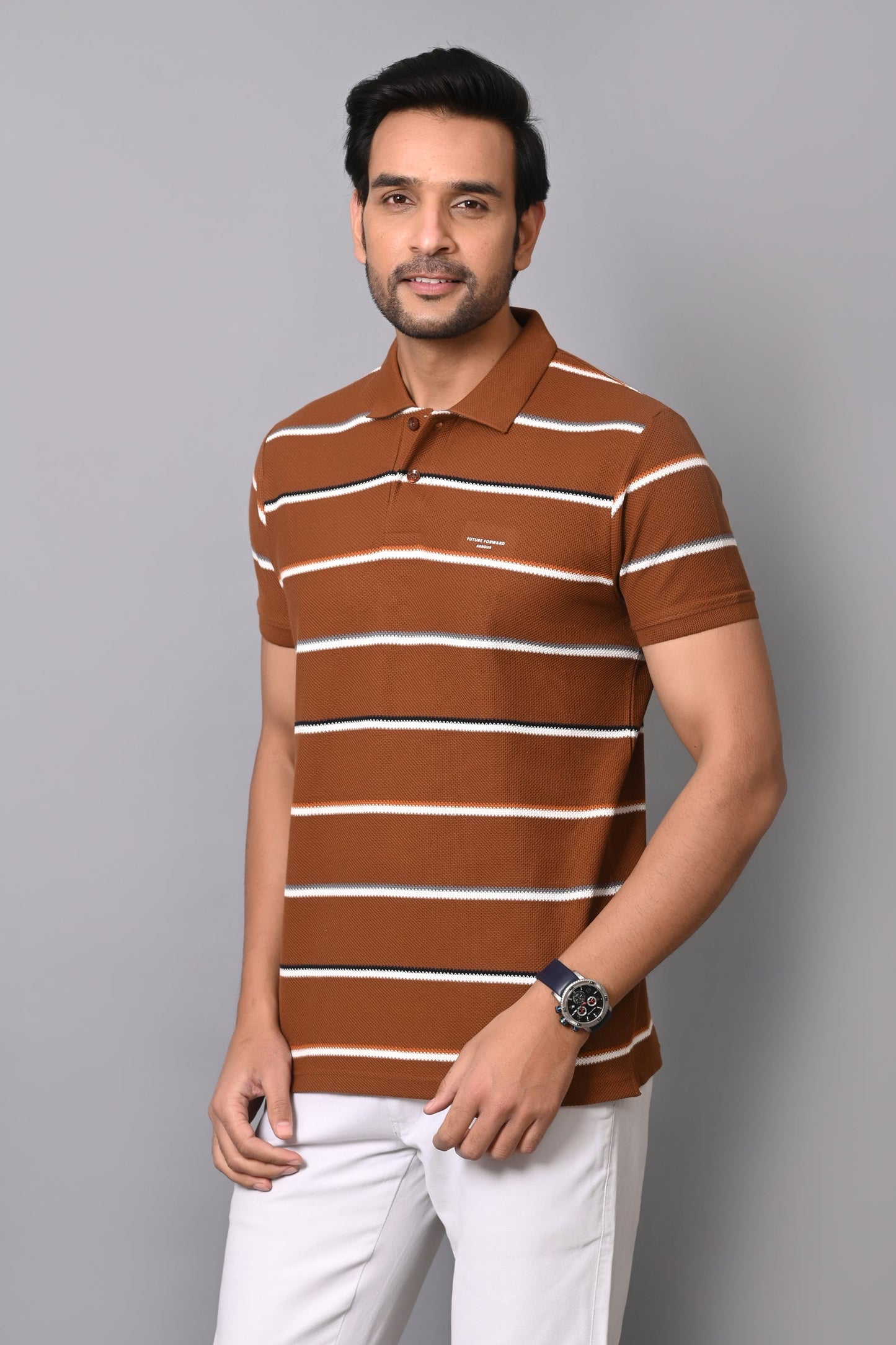 Arbour Men Polo Neck Cotton Stripes Casual Half Sleeves T-Shirt