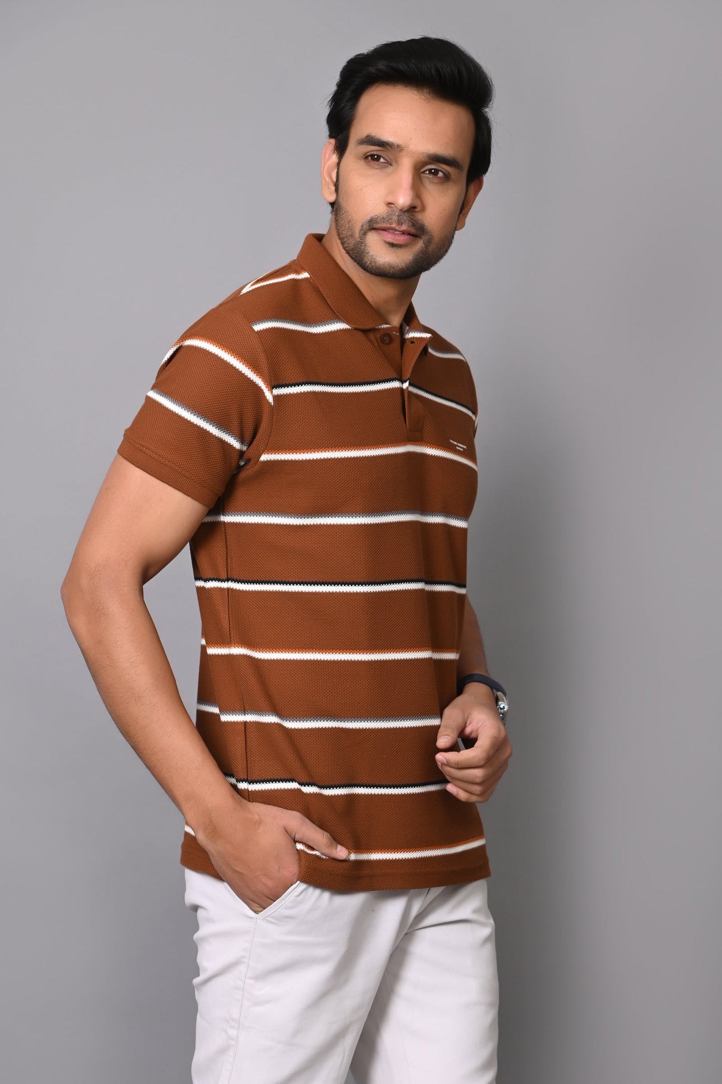 Arbour Men Polo Neck Cotton Stripes Casual Half Sleeves T-Shirt