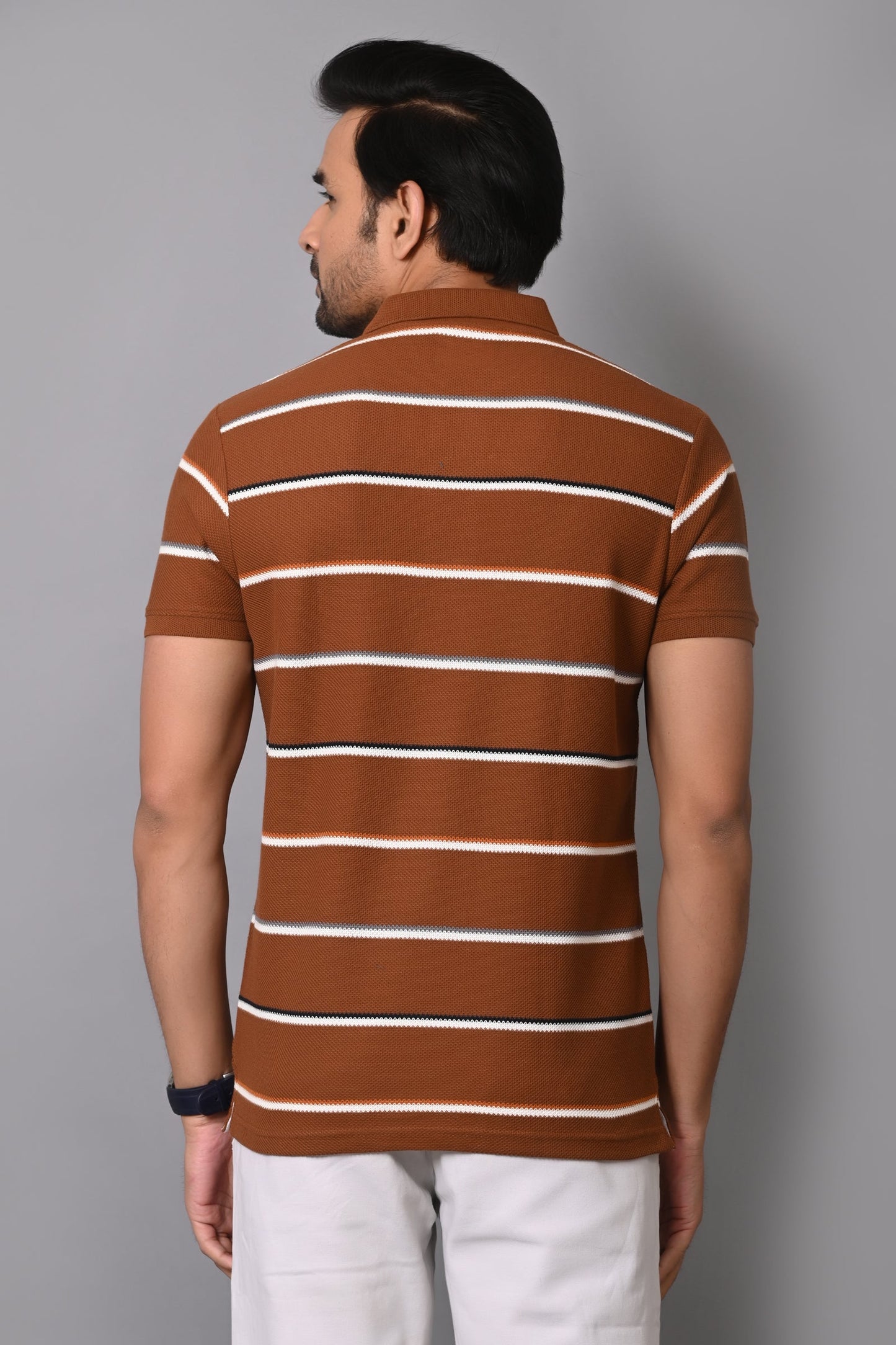 Arbour Men Polo Neck Cotton Stripes Casual Half Sleeves T-Shirt