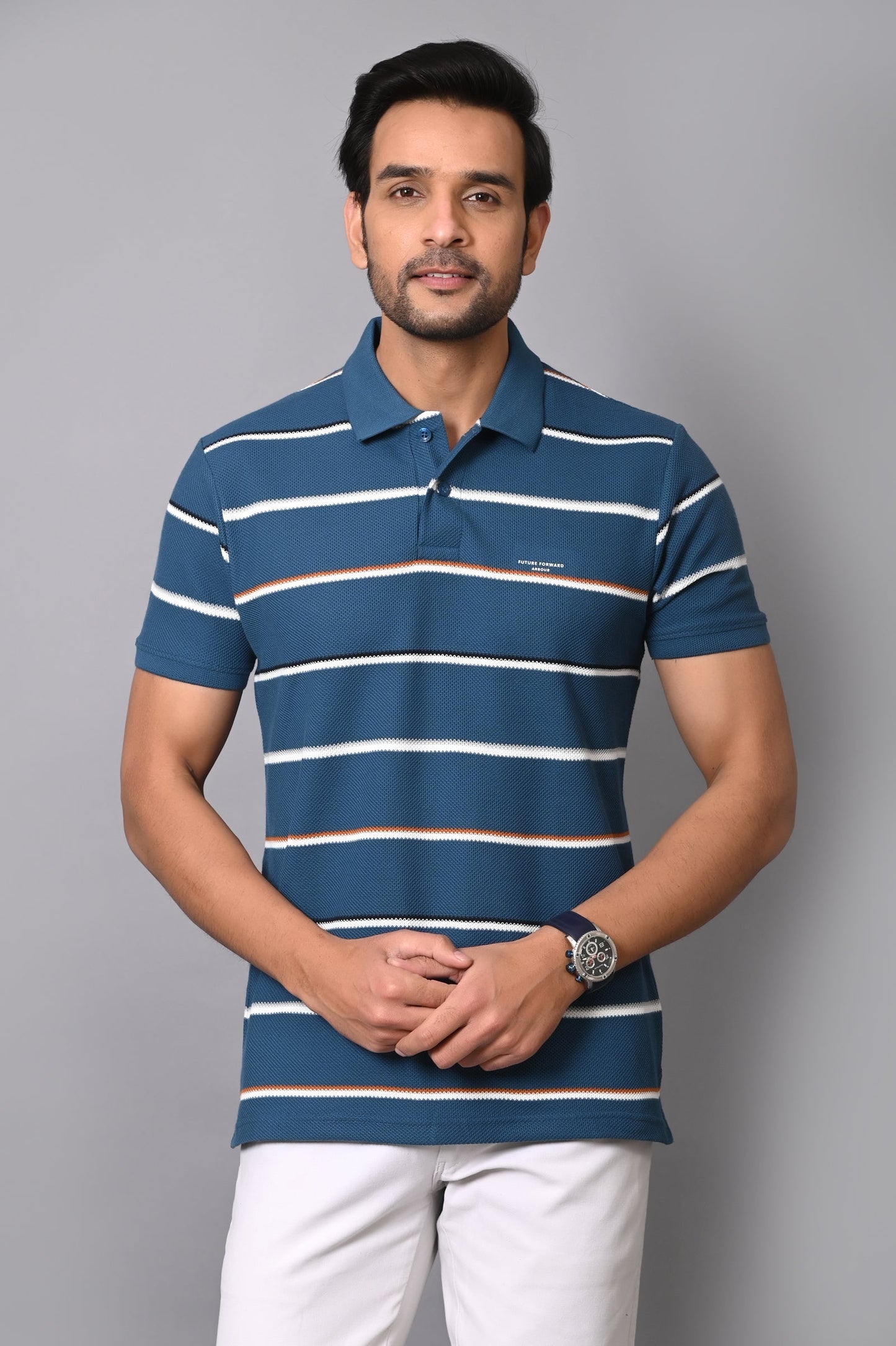 Arbour Men Polo Neck Cotton Stripes Casual Half Sleeves T-Shirt