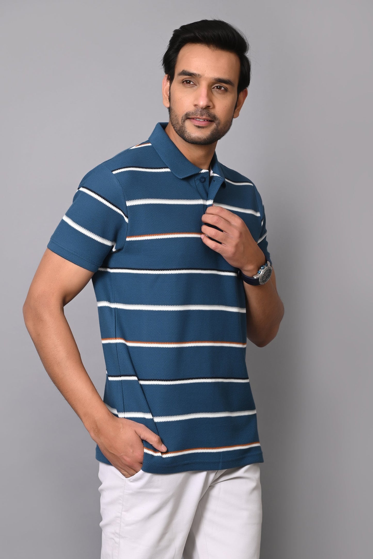 Arbour Men Polo Neck Cotton Stripes Casual Half Sleeves T-Shirt