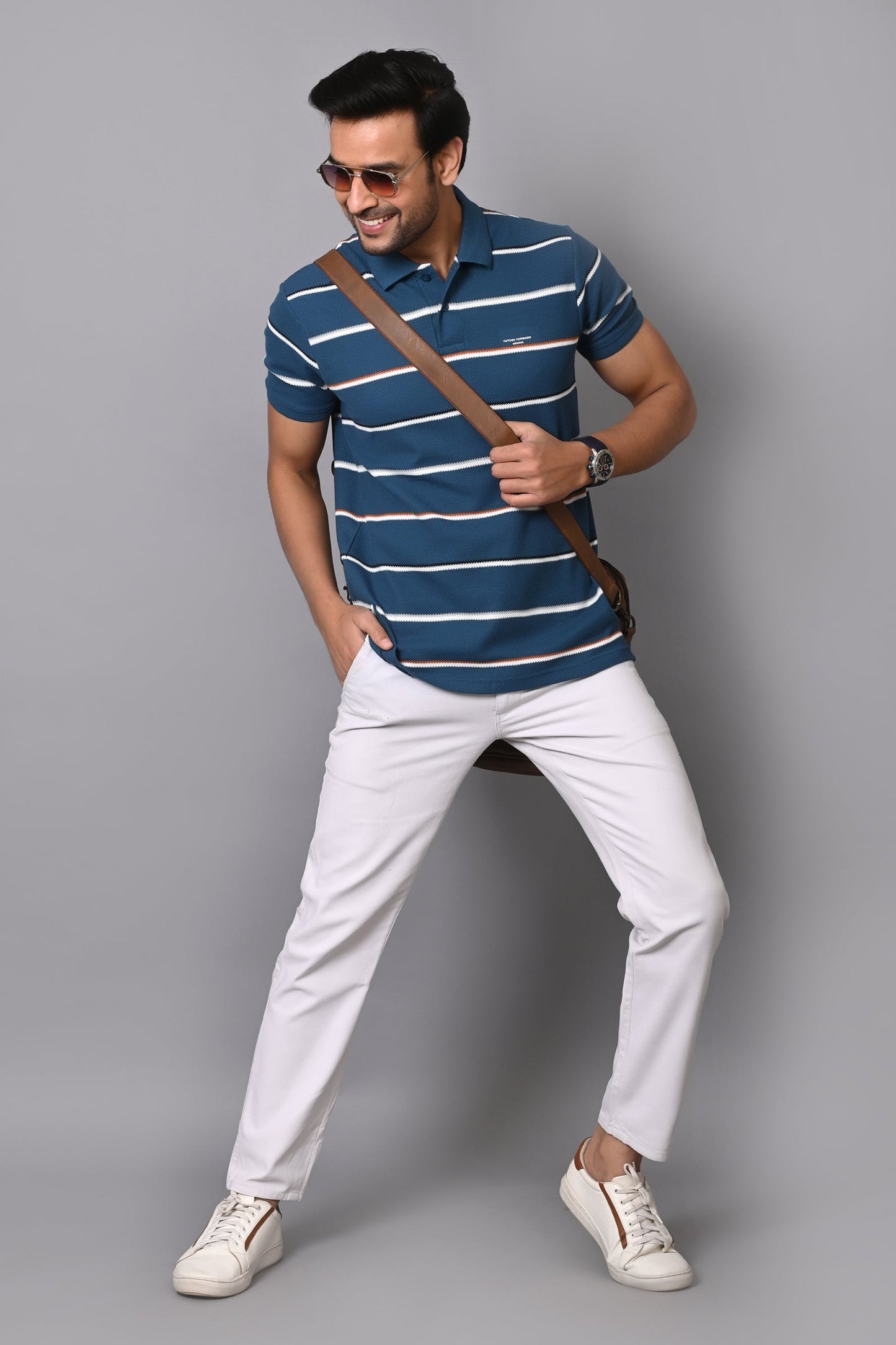 Arbour Men Polo Neck Cotton Stripes Casual Half Sleeves T-Shirt