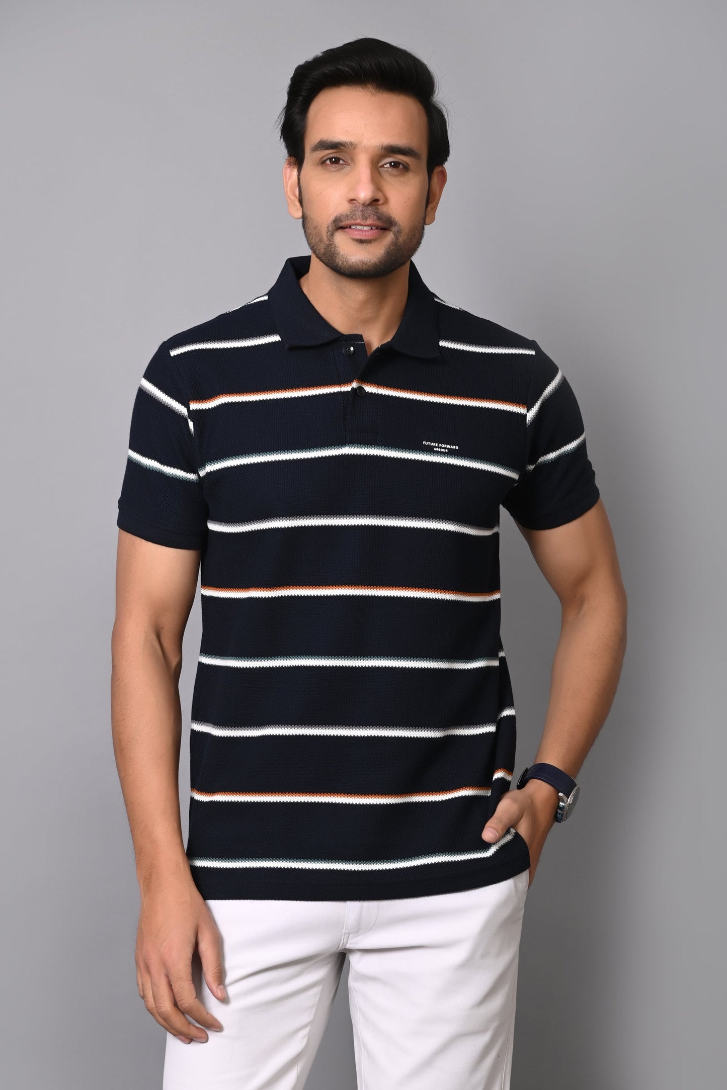 Arbour Men Polo Neck Cotton Stripes Casual Half Sleeves T-Shirt