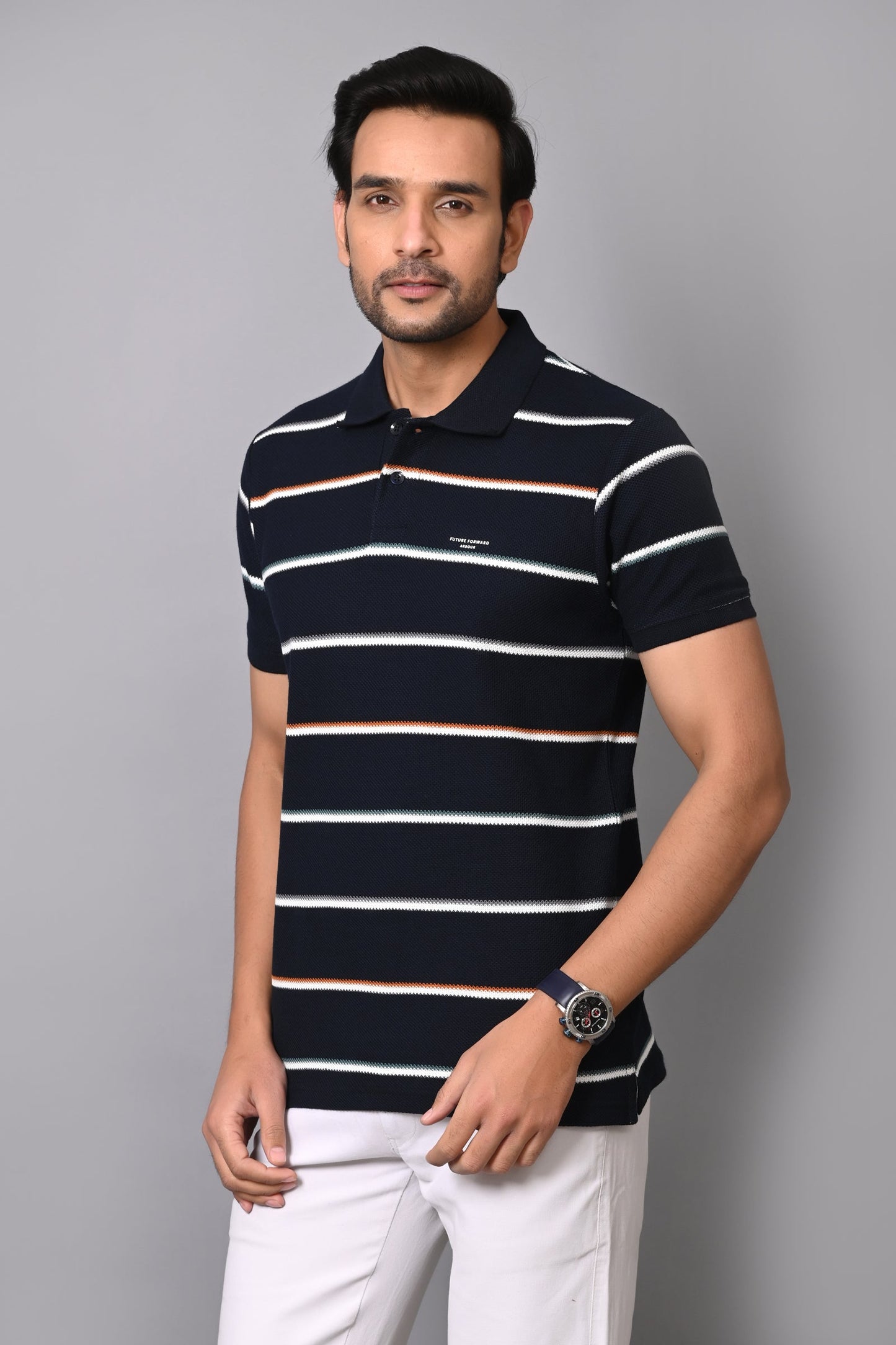 Arbour Men Polo Neck Cotton Stripes Casual Half Sleeves T-Shirt