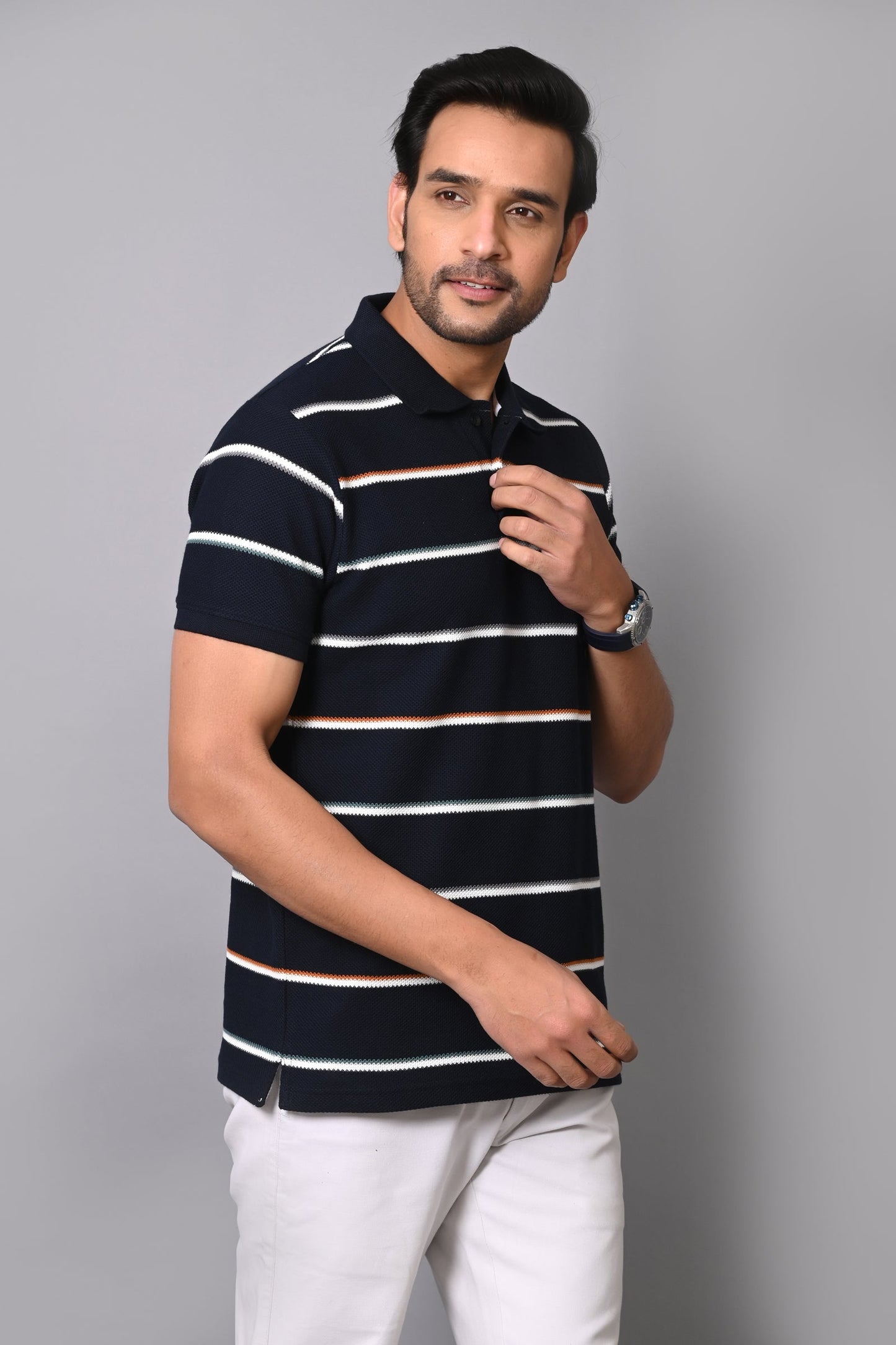 Arbour Men Polo Neck Cotton Stripes Casual Half Sleeves T-Shirt