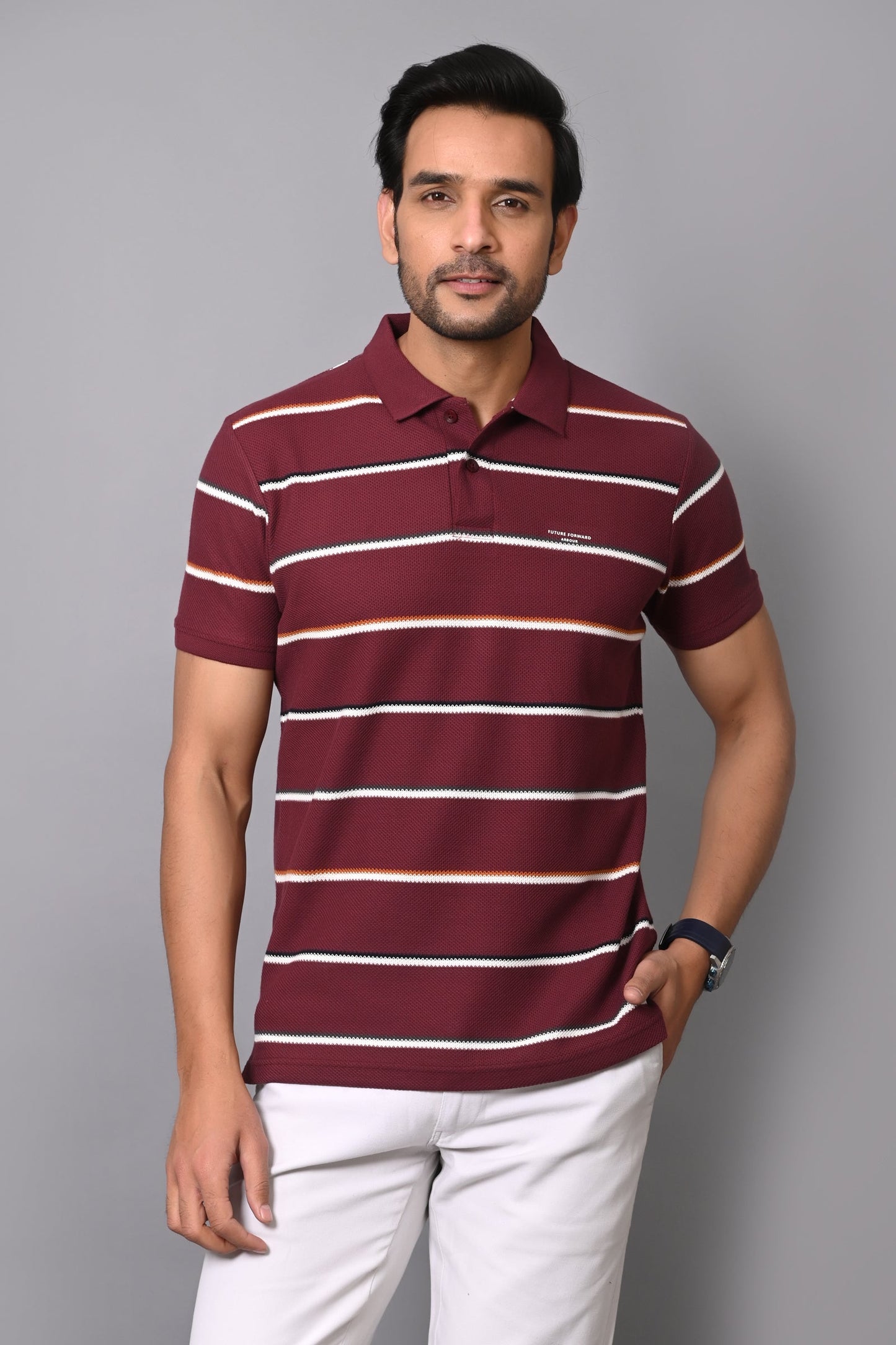 Arbour Men Polo Neck Cotton Stripes Casual Half Sleeves T-Shirt