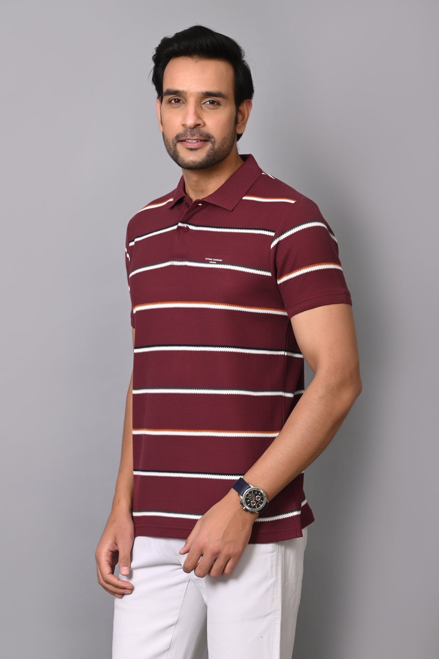 Arbour Men Polo Neck Cotton Stripes Casual Half Sleeves T-Shirt