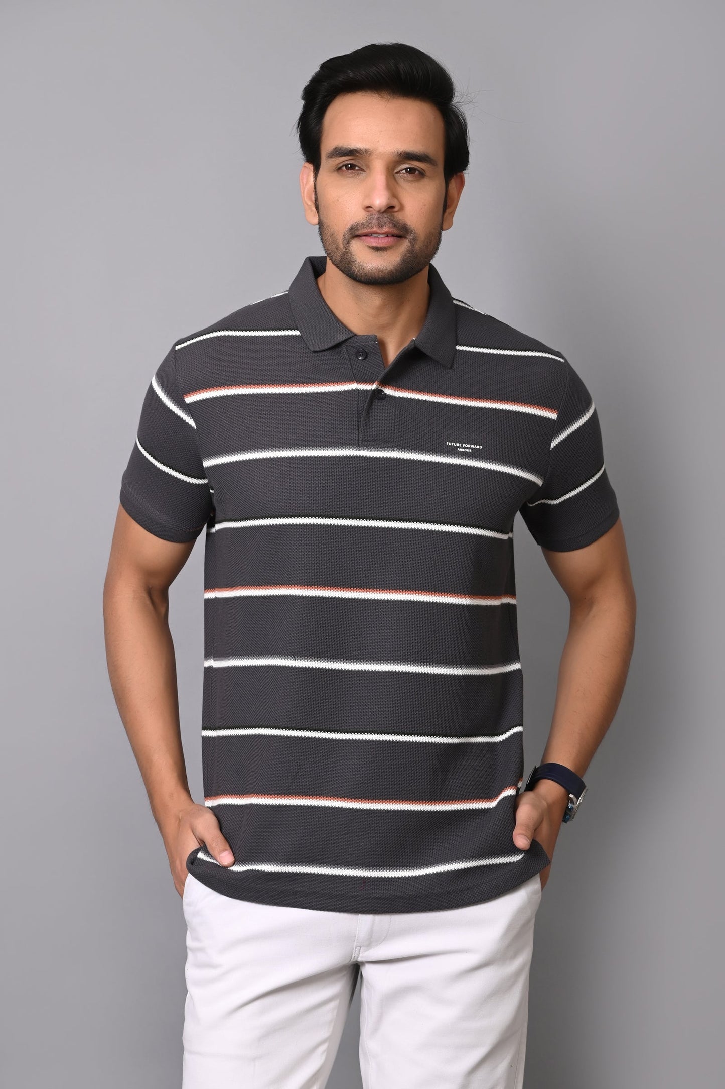 Arbour Men Polo Neck Cotton Stripes Casual Half Sleeves T-Shirt